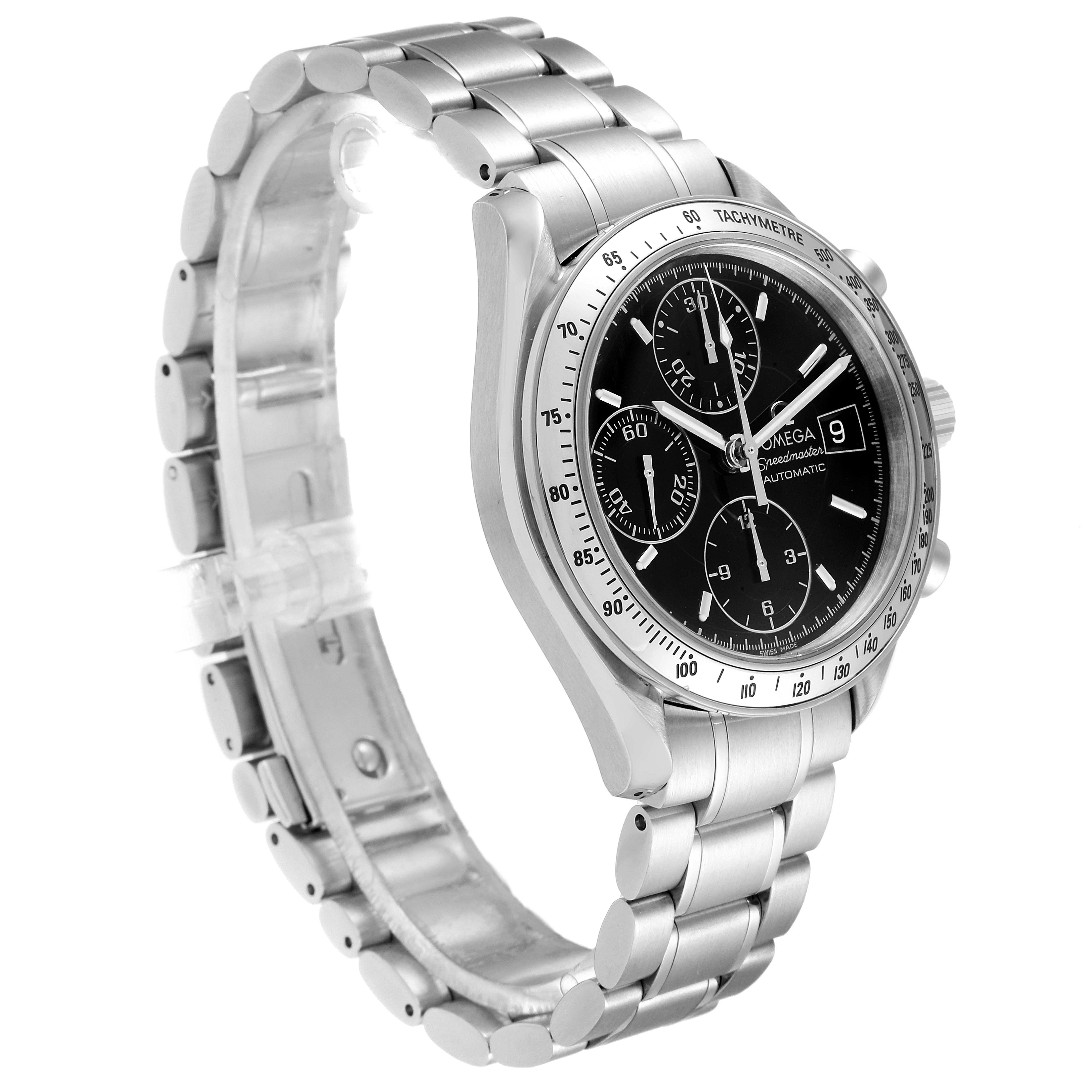 The Omega Speedmaster 3513.50.00 Men
s Stainless Steel Black Dial 3513.50.00 Men
s Stainless Steel Black Dial watch is shown at an angle, highlighting the face, bezel, and part of the stainless steel bracelet.