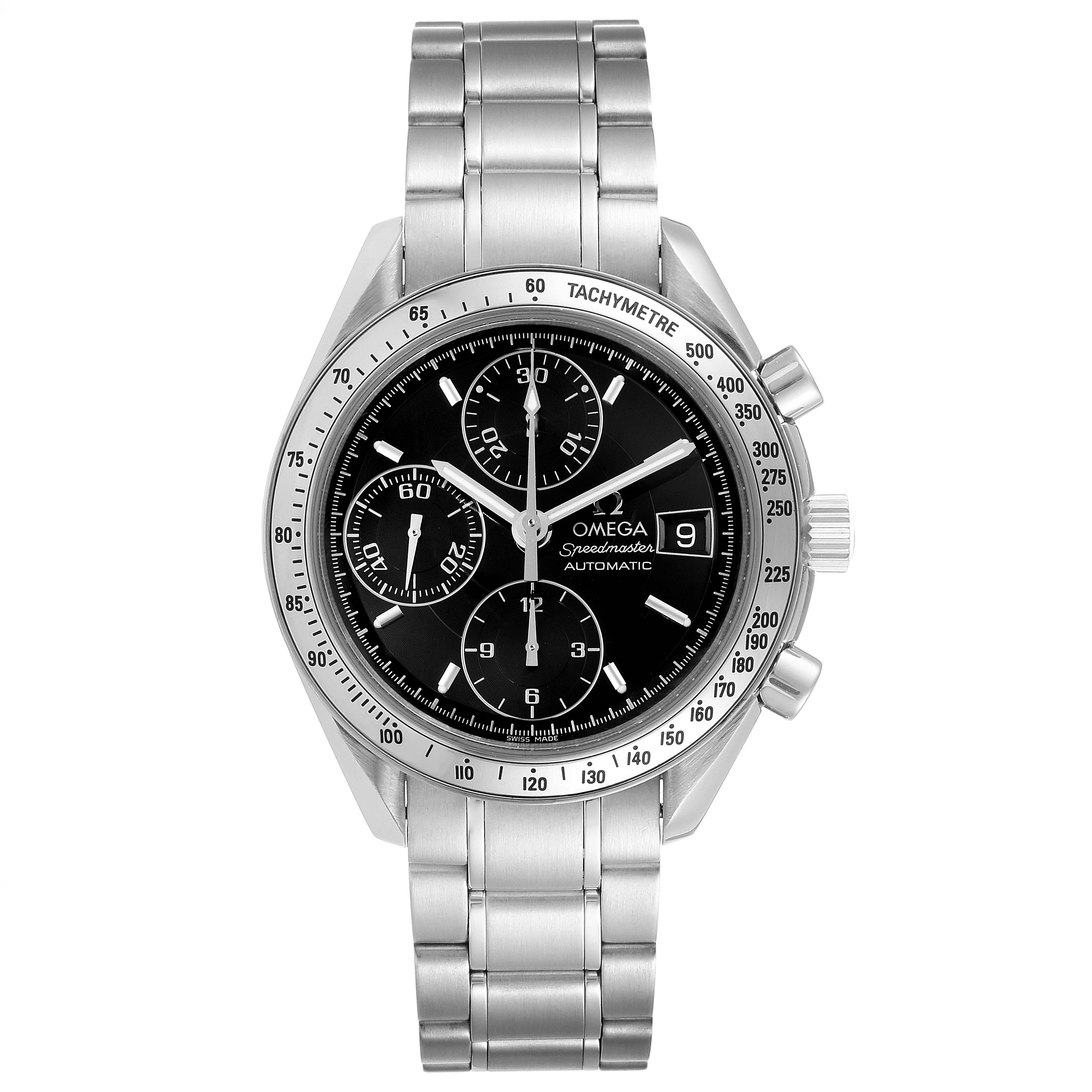 The image shows a front view of an Omega Speedmaster 3513.50.00 Men
s Stainless Steel Black Dial 3513.50.00 Men
s Stainless Steel Black Dial watch, displaying its face, bezel, crown, pushers, and stainless steel bracelet.