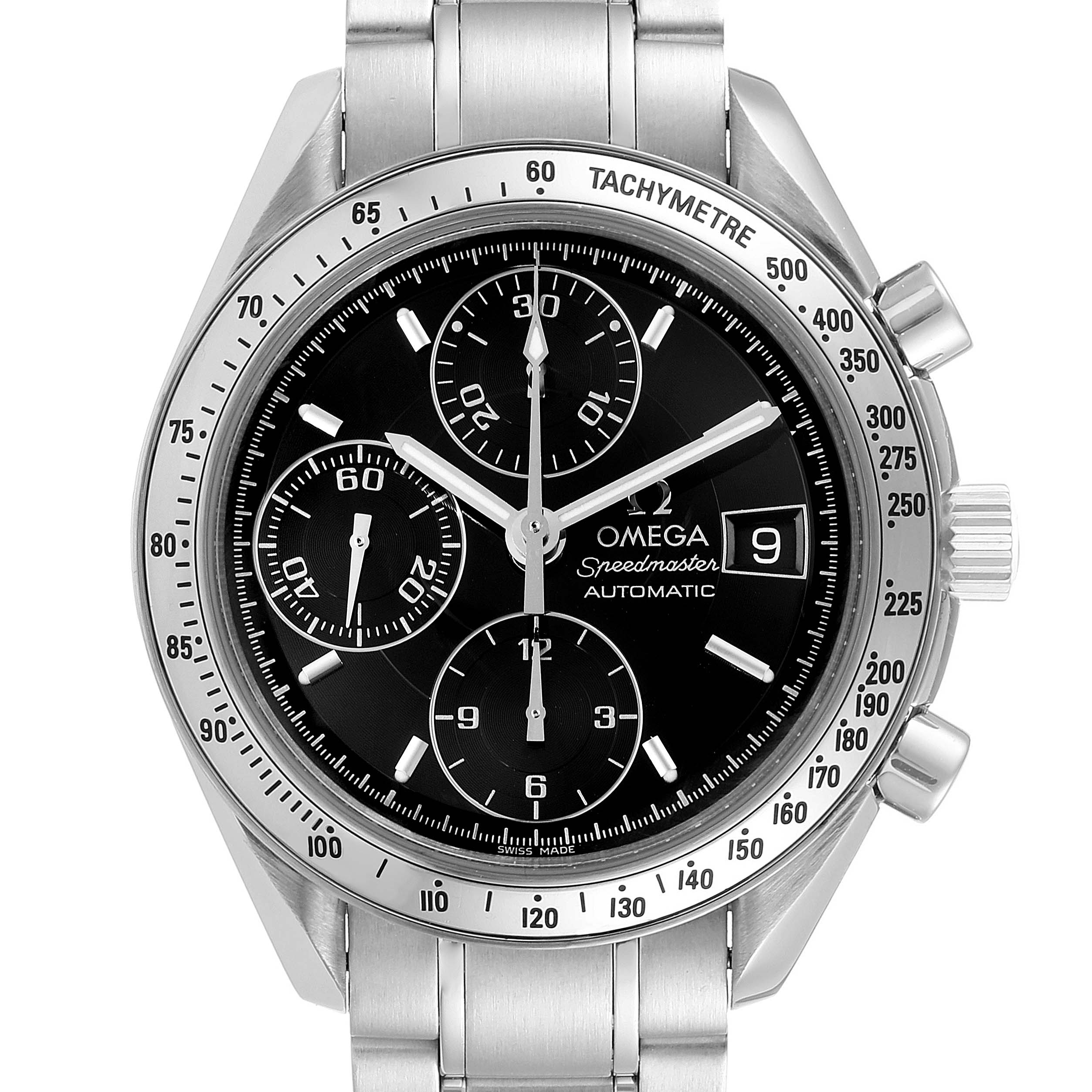 This image shows a frontal view of the Omega Speedmaster 3513.50.00 Men
s Stainless Steel Black Dial 3513.50.00 Men
s Stainless Steel Black Dial, highlighting its dial, chronograph sub-dials, tachymeter bezel, and metal bracelet.