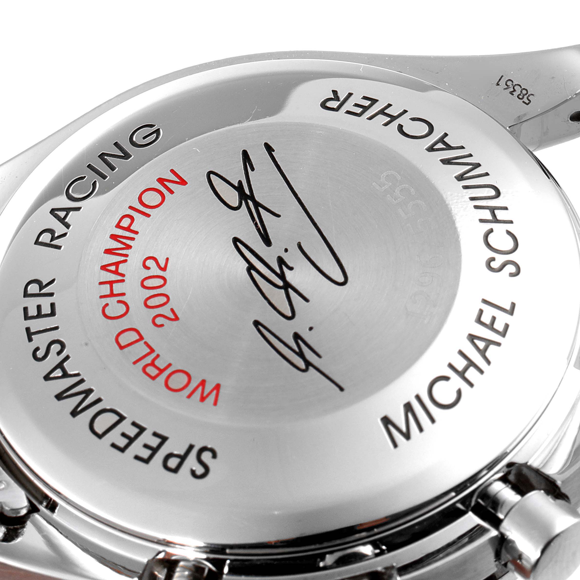 The image shows the case back of an Omega Speedmaster 3529.50.00 Men's Stainless Steel Black Dial 3529.50.00 Men's Stainless Steel Black Dial Racing watch, with engravings and signatures visible.