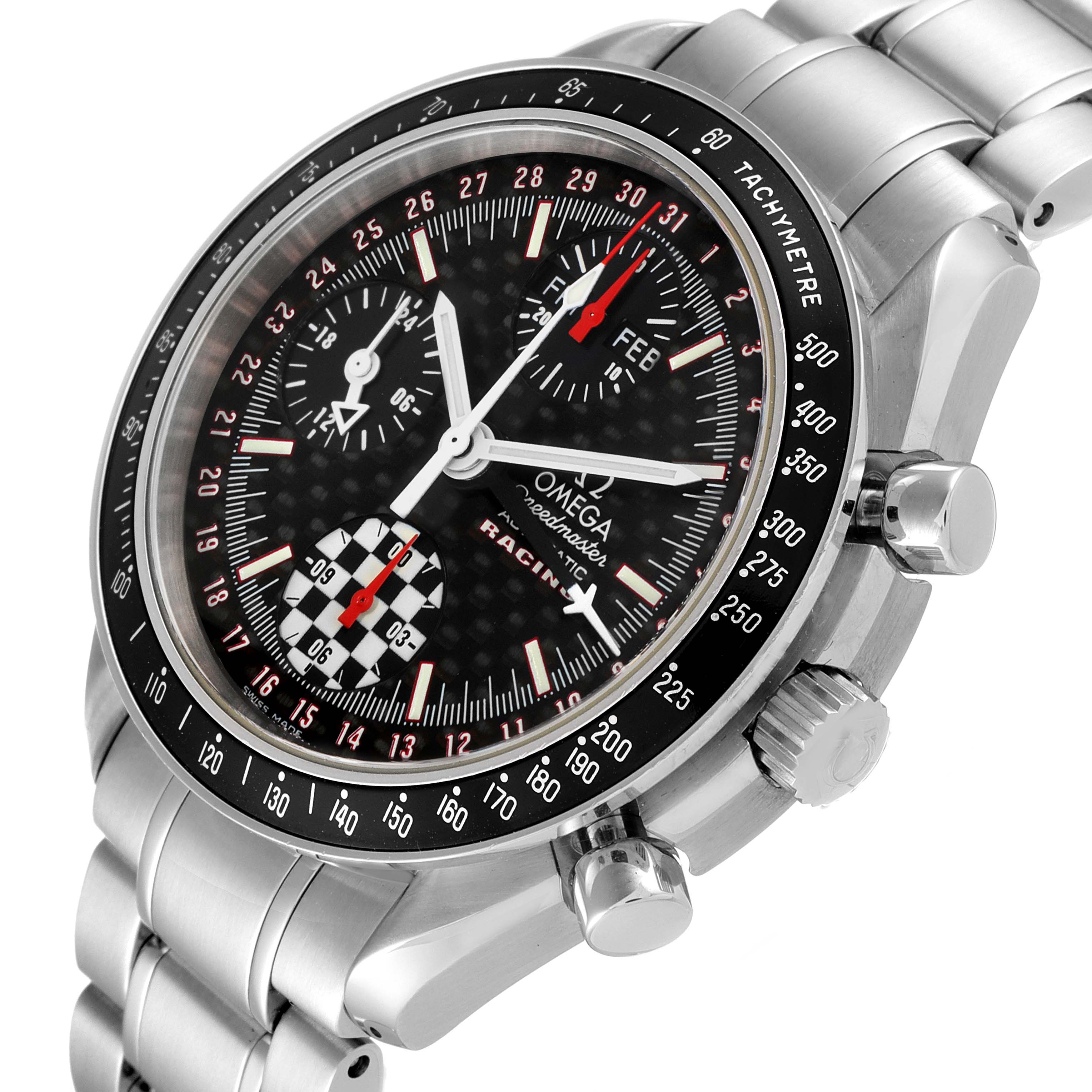 The Omega Speedmaster 3529.50.00 Men's Stainless Steel Black Dial 3529.50.00 Men's Stainless Steel Black Dial watch is shown at an angled view, highlighting its face, bezel, and chronograph pushers.