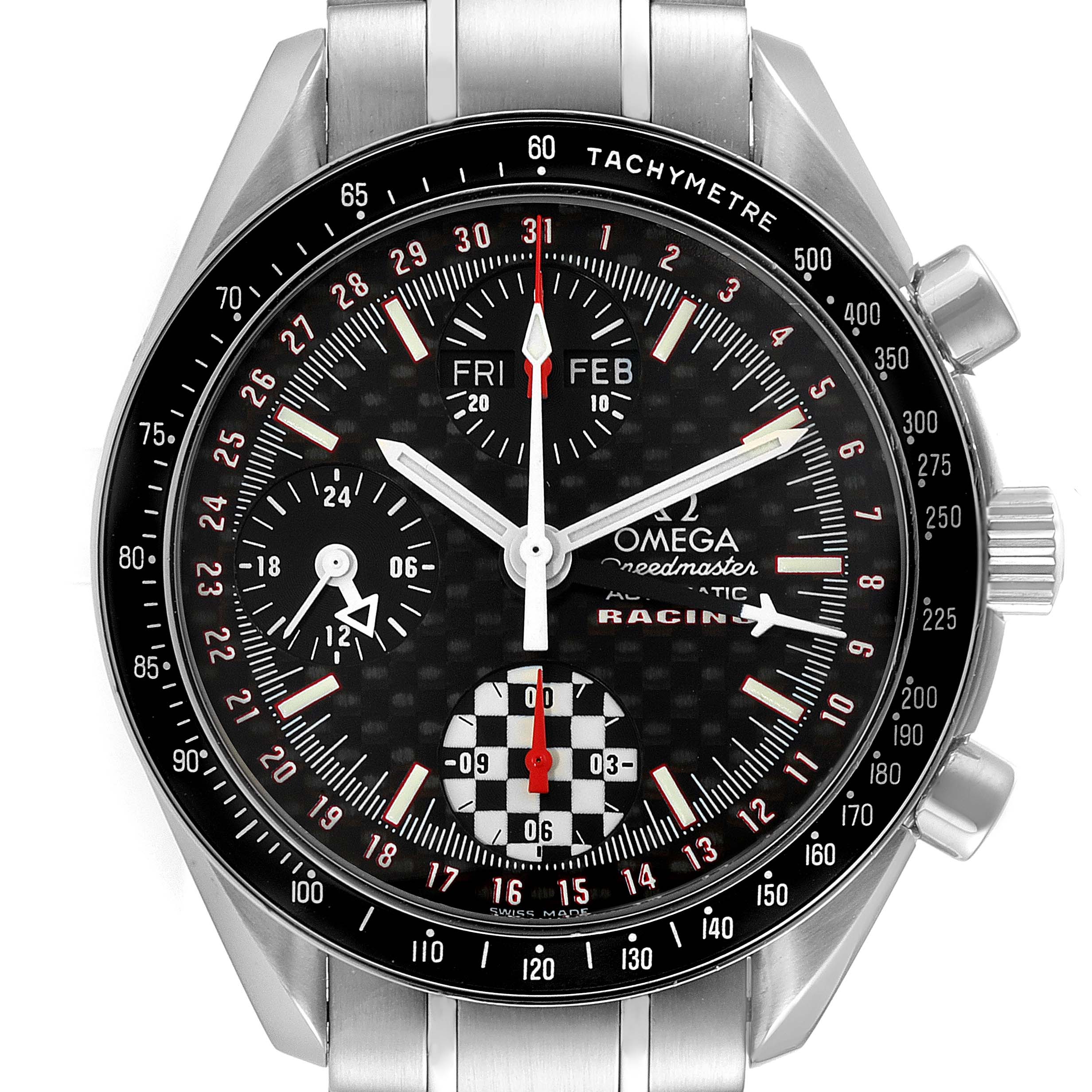 The image shows a front view of the Omega Speedmaster 3529.50.00 Men's Stainless Steel Black Dial 3529.50.00 Men's Stainless Steel Black Dial Racing watch with details on the face and tachymeter bezel.