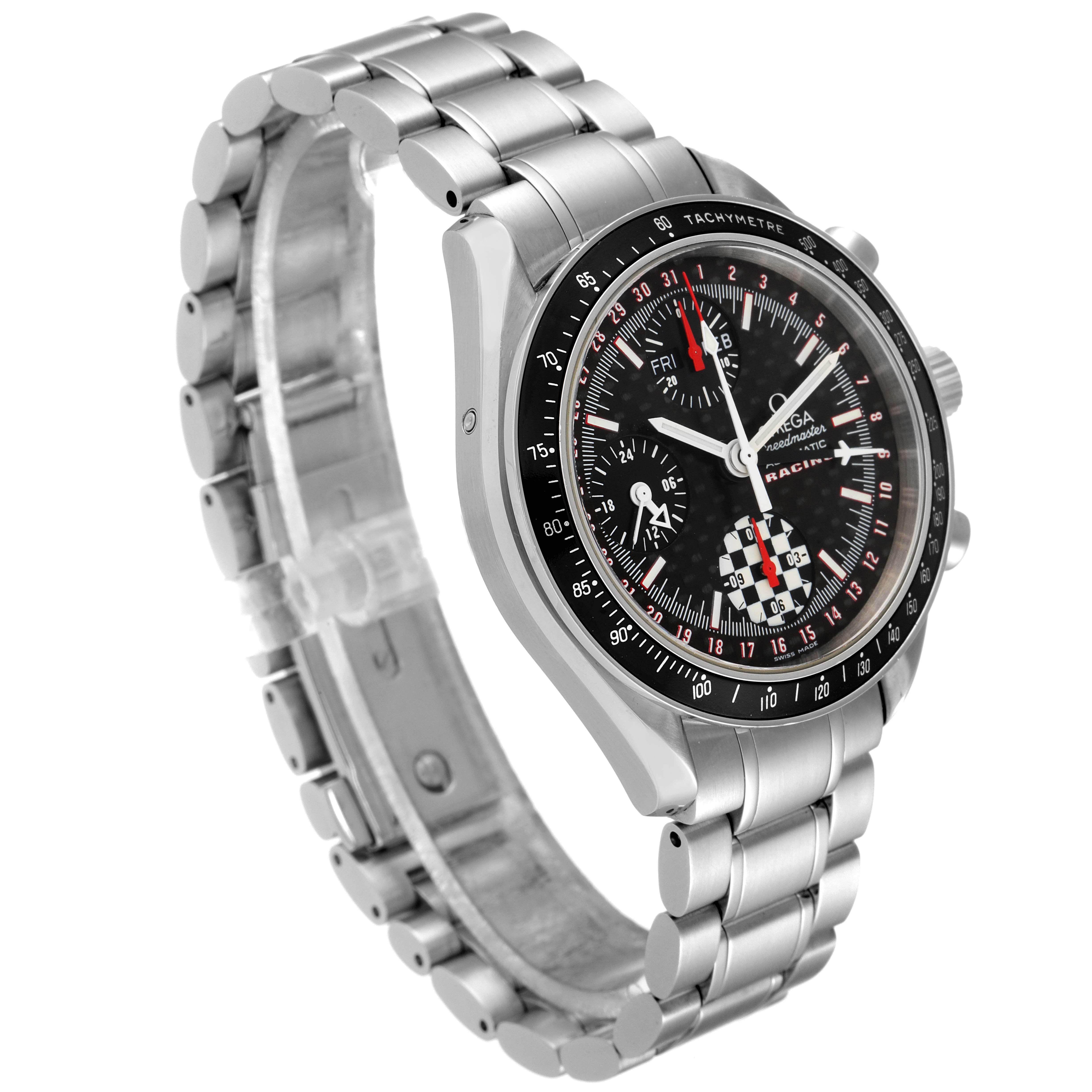 The image shows an Omega Speedmaster 3529.50.00 Men's Stainless Steel Black Dial 3529.50.00 Men's Stainless Steel Black Dial watch at a three-quarter front angle, displaying the face, bezel, crown, and bracelet.