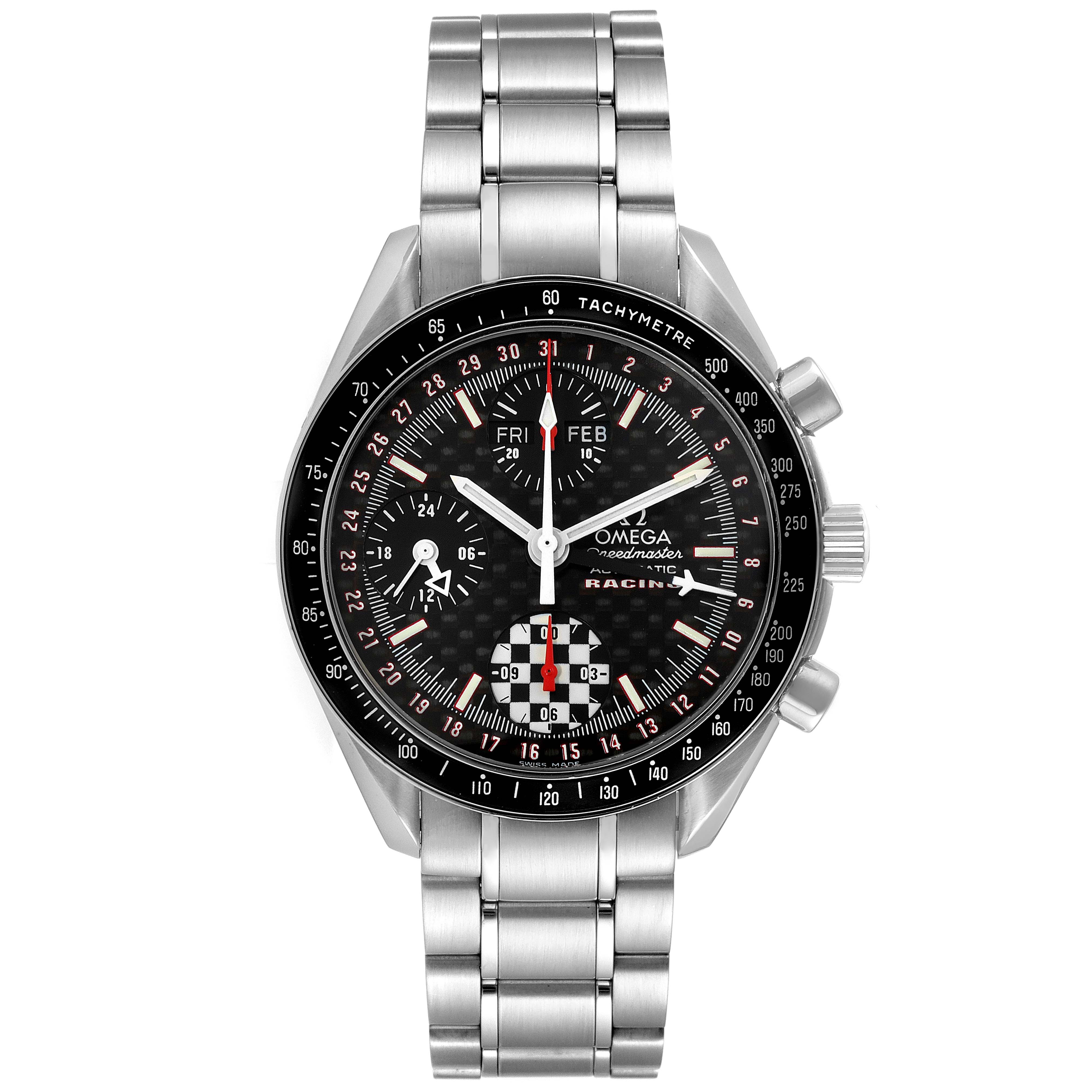 The image shows a front view of an Omega Speedmaster 3529.50.00 Men's Stainless Steel Black Dial 3529.50.00 Men's Stainless Steel Black Dial watch featuring a stainless steel bracelet and a detailed tachymeter bezel.