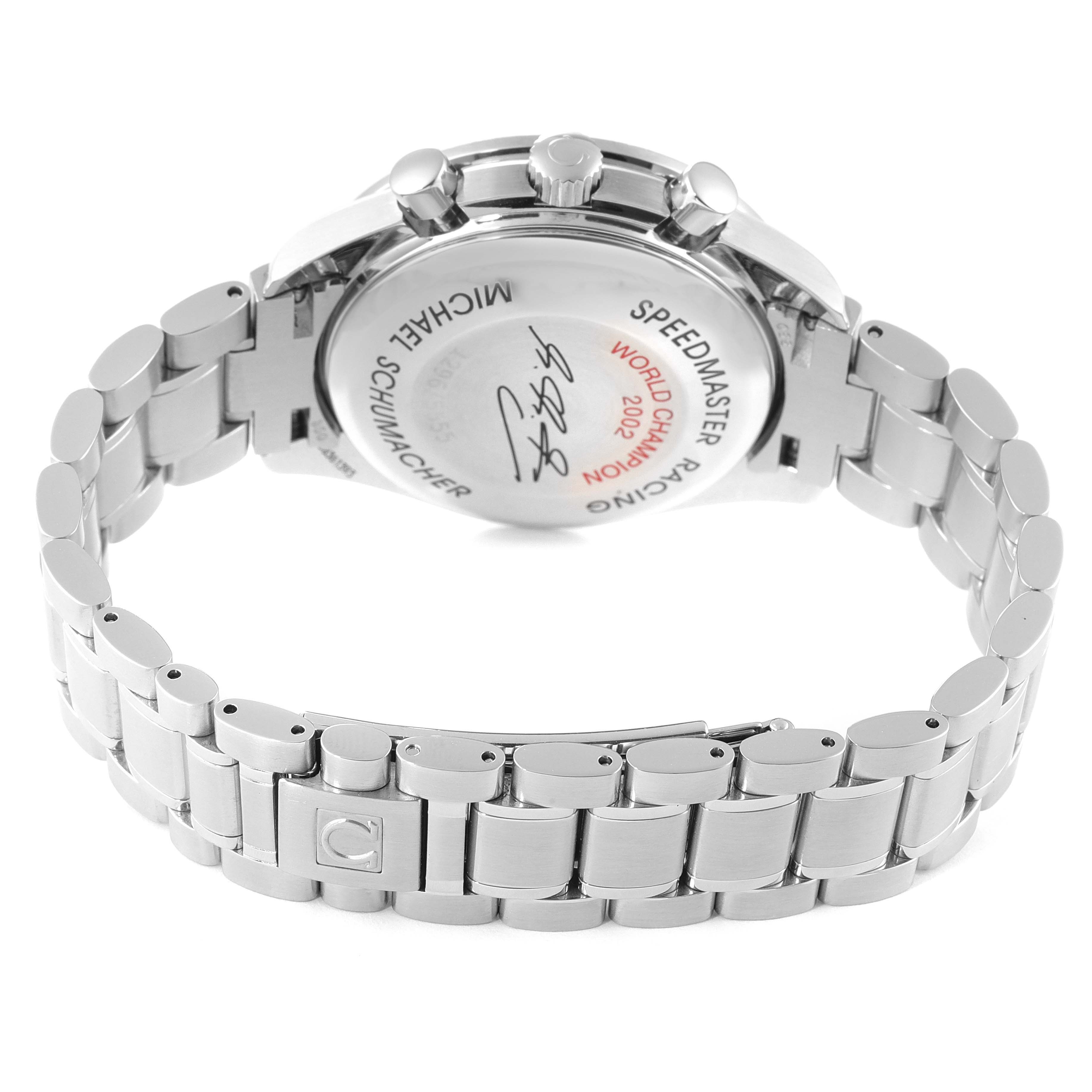 The image shows the back case and bracelet of an Omega Speedmaster 3529.50.00 Men's Stainless Steel Black Dial 3529.50.00 Men's Stainless Steel Black Dial watch, featuring engravings and a signed case back.