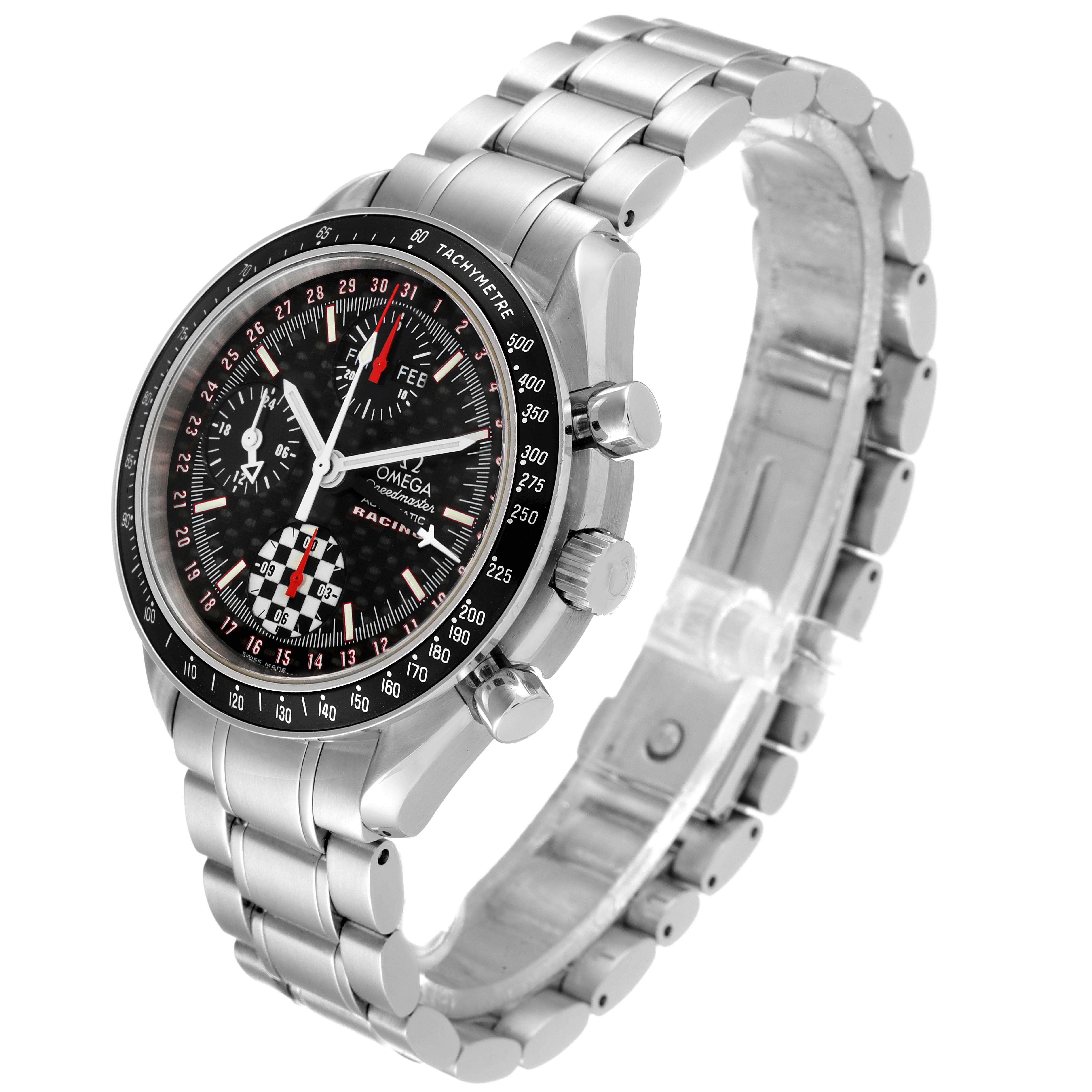 The image shows an angled view of the Omega Speedmaster 3529.50.00 Men's Stainless Steel Black Dial 3529.50.00 Men's Stainless Steel Black Dial watch, highlighting its face, bezel, crown, and stainless steel bracelet.