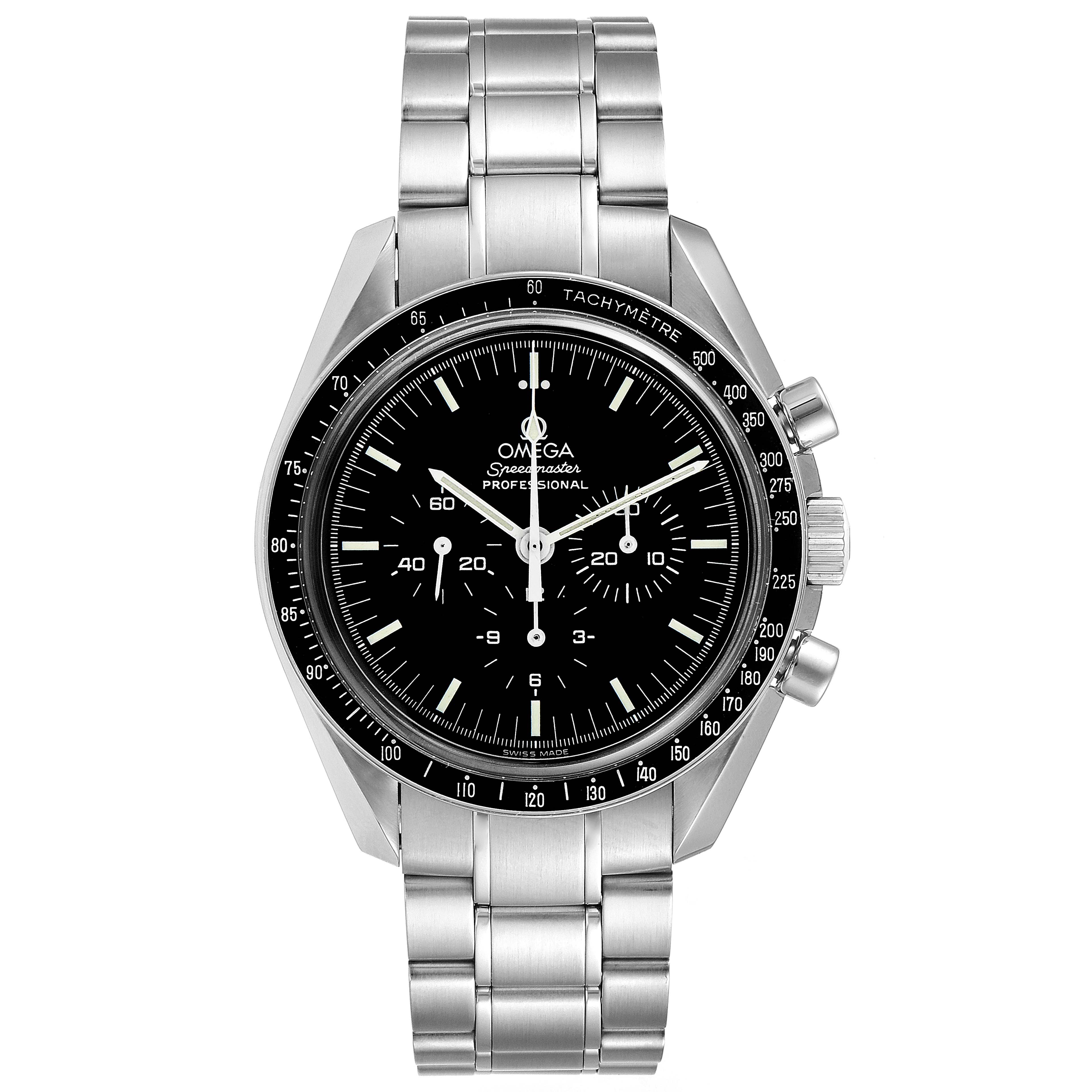 The image shows a front view of an Omega Speedmaster 3573.50.00 Men's Stainless Steel Black Dial 3573.50.00 Men's Stainless Steel Black Dial watch, highlighting the dial, tachymeter bezel, and stainless steel bracelet.