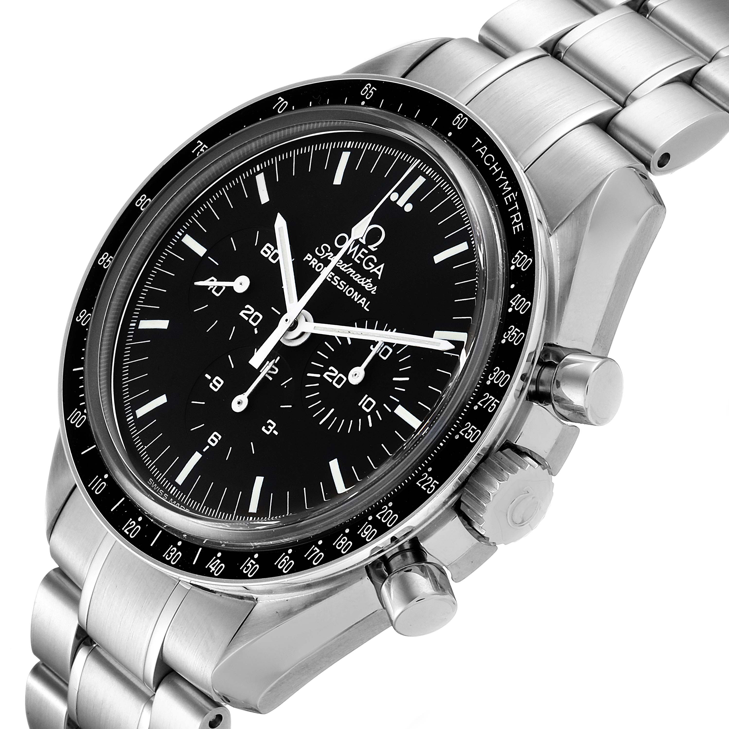 The image shows a side-angle view of the Omega Speedmaster 3573.50.00 Men's Stainless Steel Black Dial 3573.50.00 Men's Stainless Steel Black Dial watch, highlighting the dial, bezel, pushers, and bracelet.