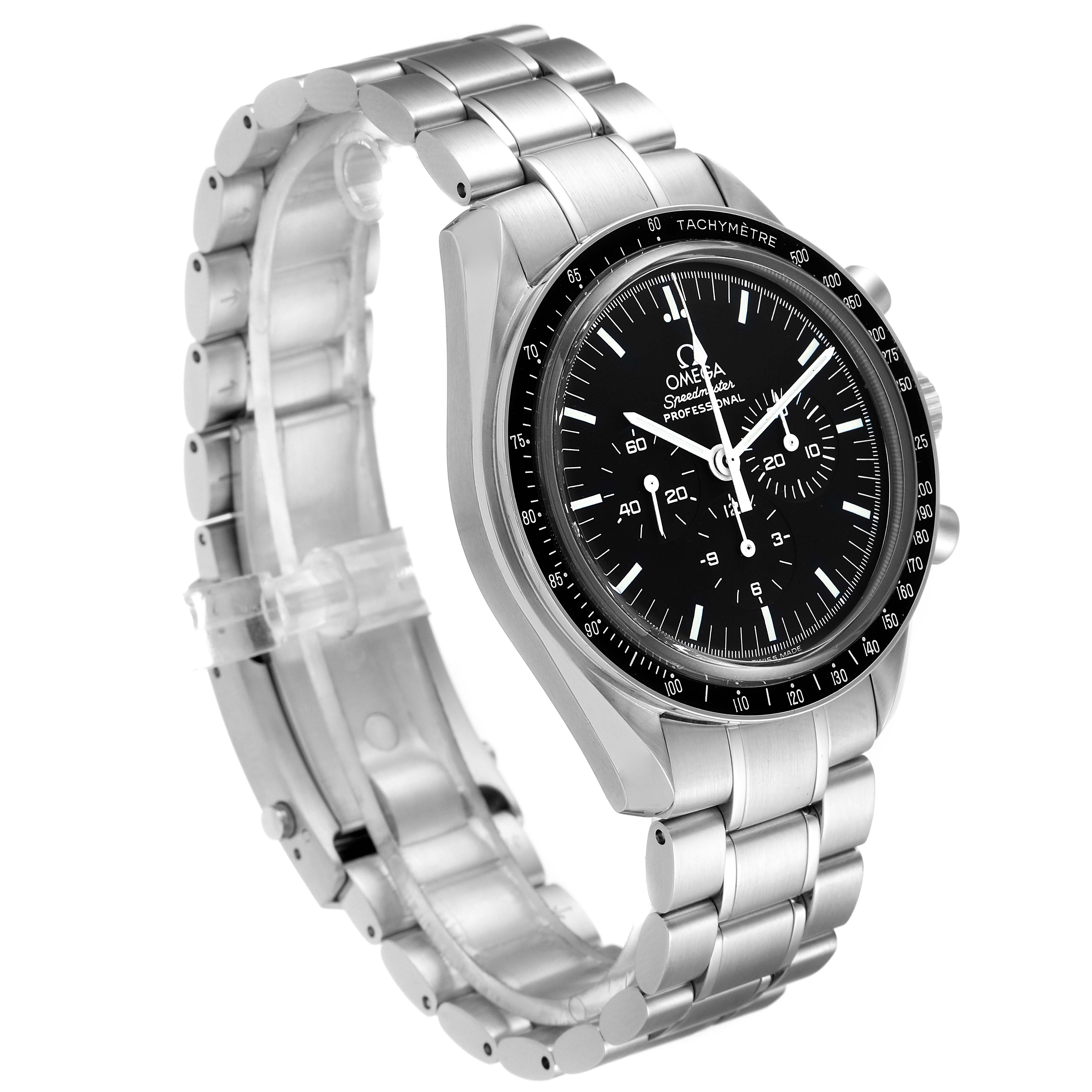 This Omega Speedmaster 3573.50.00 Men's Stainless Steel Black Dial 3573.50.00 Men's Stainless Steel Black Dial watch is shown at a 3/4 angle, displaying its face, bezel, and stainless steel bracelet.