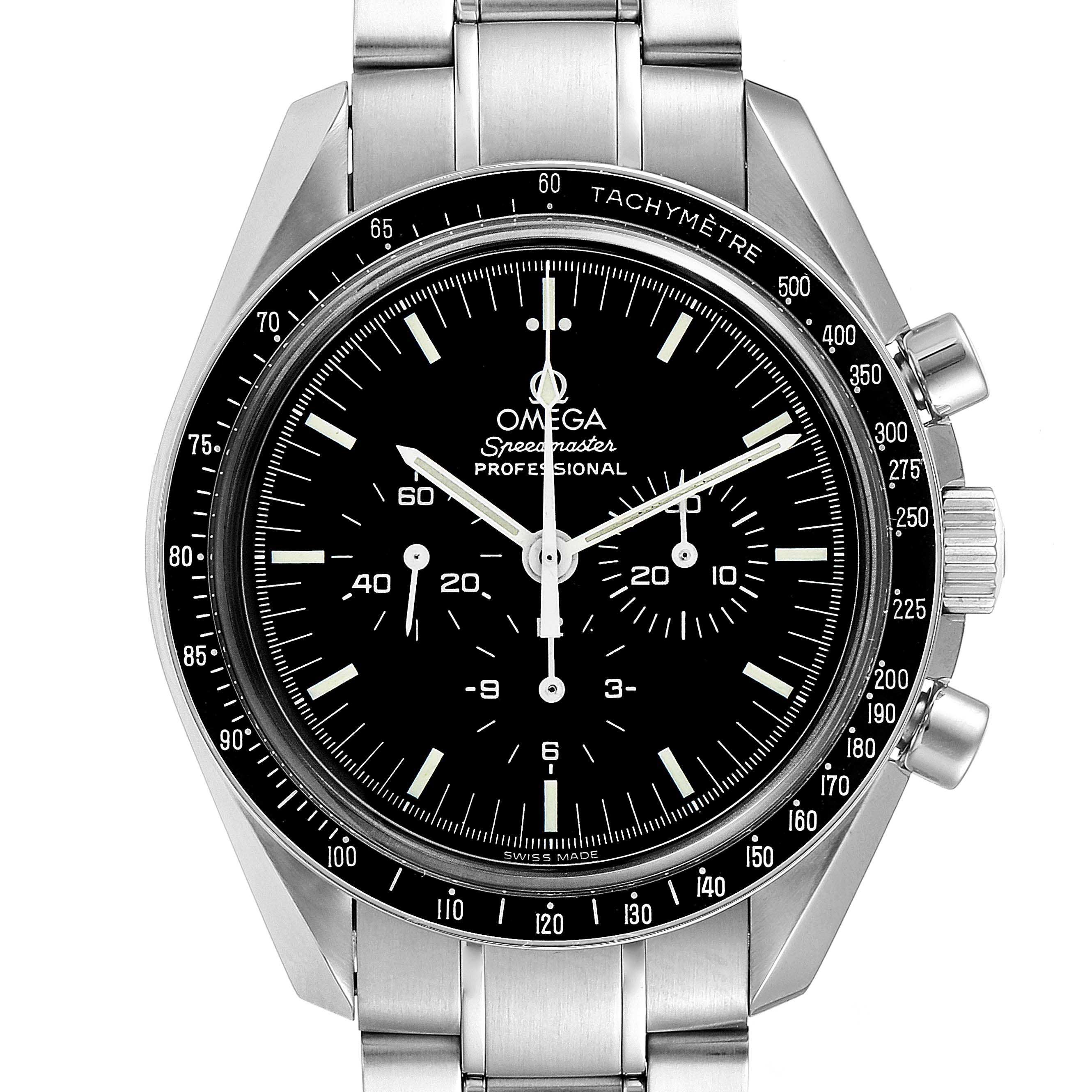 The image shows a frontal view of an Omega Speedmaster 3573.50.00 Men's Stainless Steel Black Dial 3573.50.00 Men's Stainless Steel Black Dial Professional watch, highlighting its black dial, tachymeter bezel, and stainless steel bracelet.