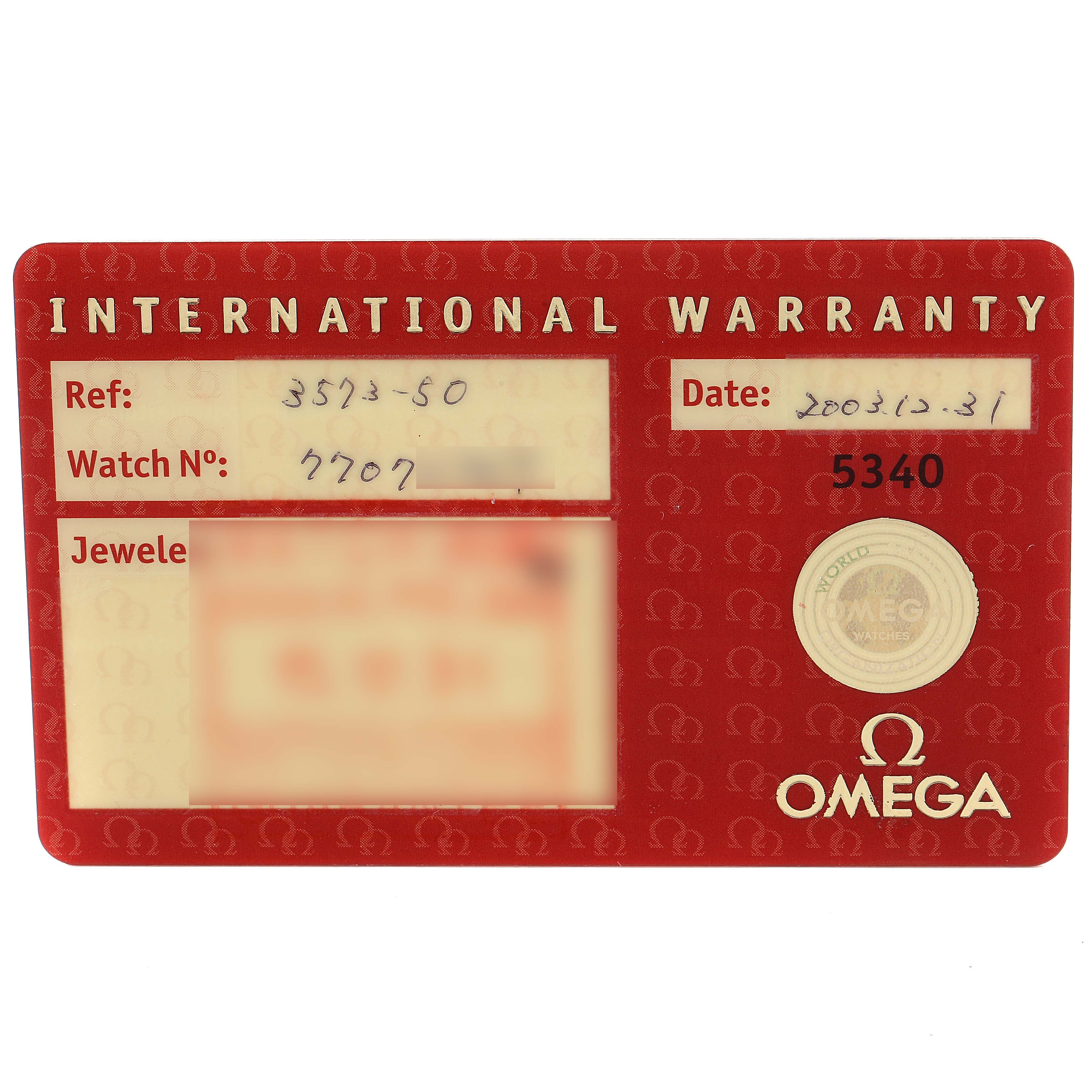 This image shows an Omega Speedmaster 3573.50.00 Men's Stainless Steel Black Dial 3573.50.00 Men's Stainless Steel Black Dial International Warranty card, displaying the reference number, watch number, date, and a blurred jeweler section.