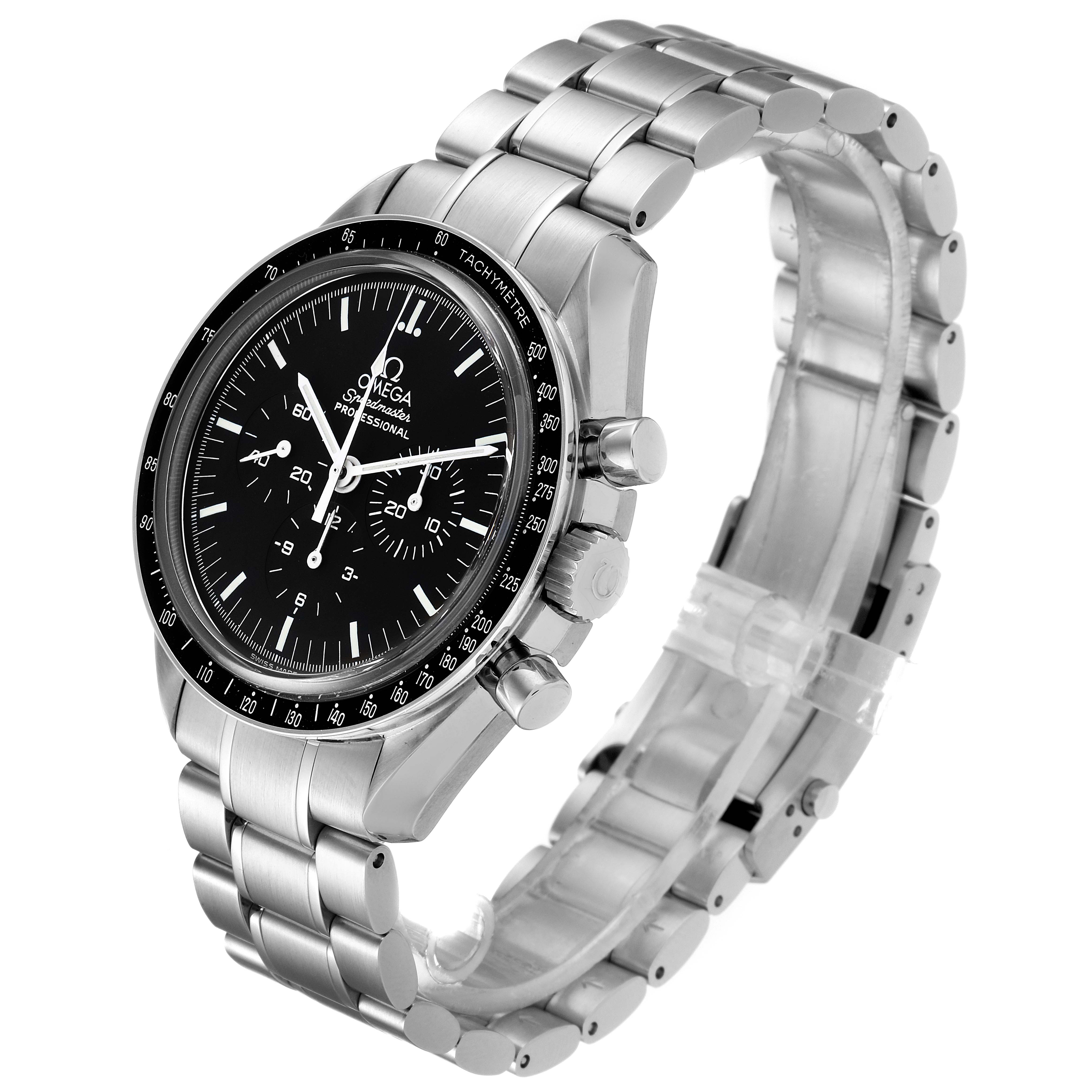 This image shows a side angle of an Omega Speedmaster 3573.50.00 Men's Stainless Steel Black Dial 3573.50.00 Men's Stainless Steel Black Dial watch highlighting the face, bezel, and metal strap.