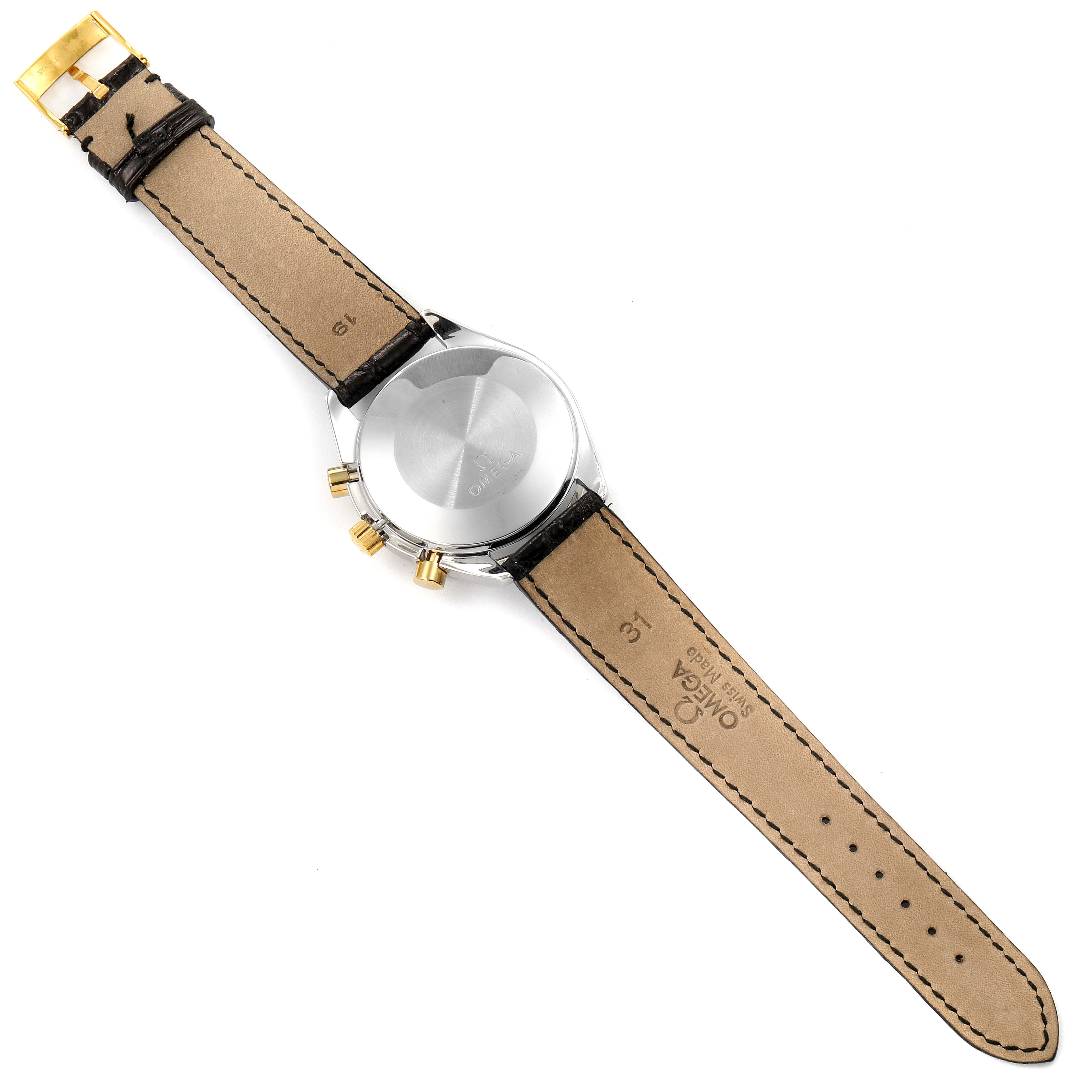 The image shows the back view of an Omega Speedmaster 3310.20.00 Men's Steel and Gold (two tone) White Dial 3310.20.00 Men's Steel and Gold (two tone) White Dial watch with its leather strap fully extended.