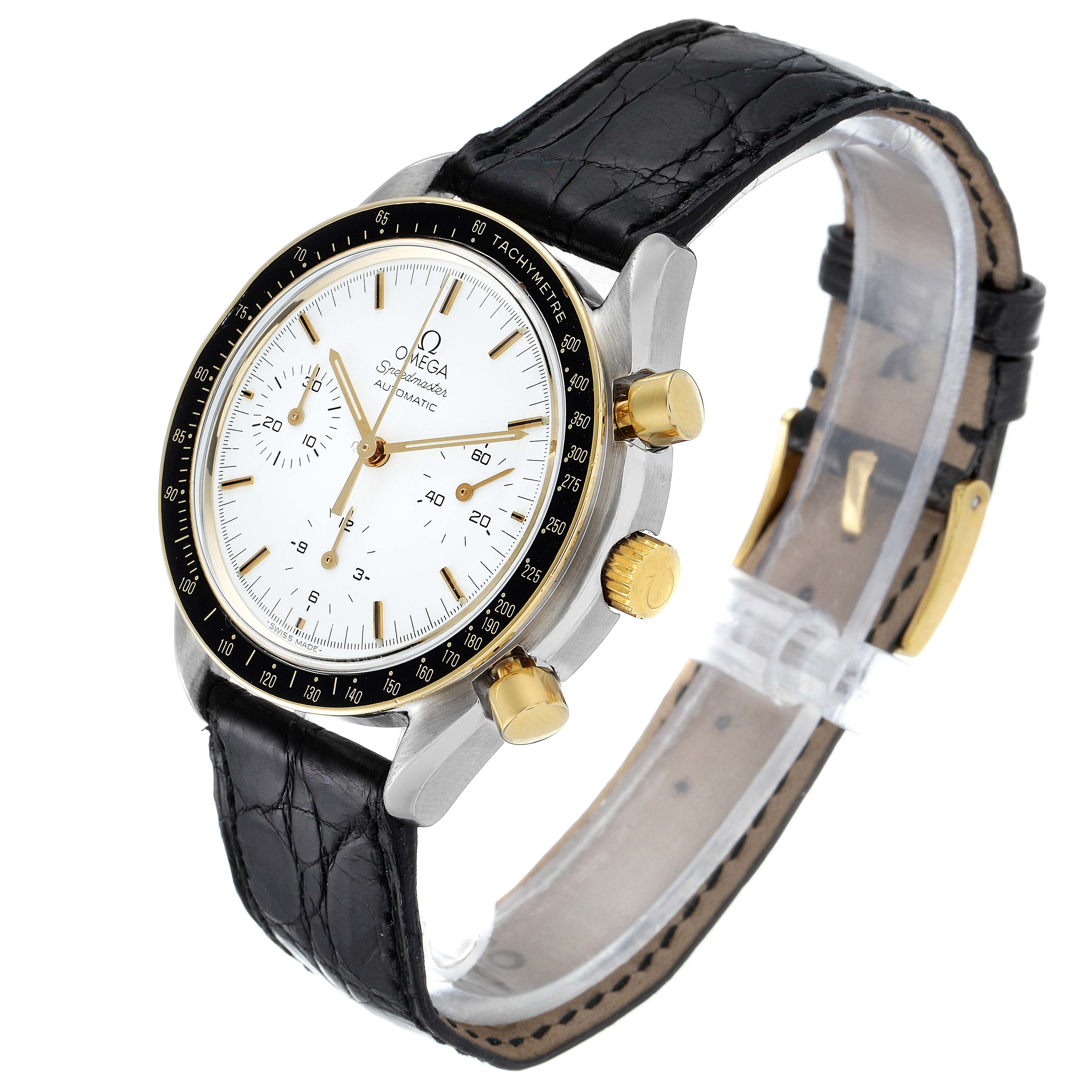 The image shows an Omega Speedmaster 3310.20.00 Men's Steel and Gold (two tone) White Dial 3310.20.00 Men's Steel and Gold (two tone) White Dial watch at a three-quarter angle, highlighting the face, buttons, black strap, and bezel.