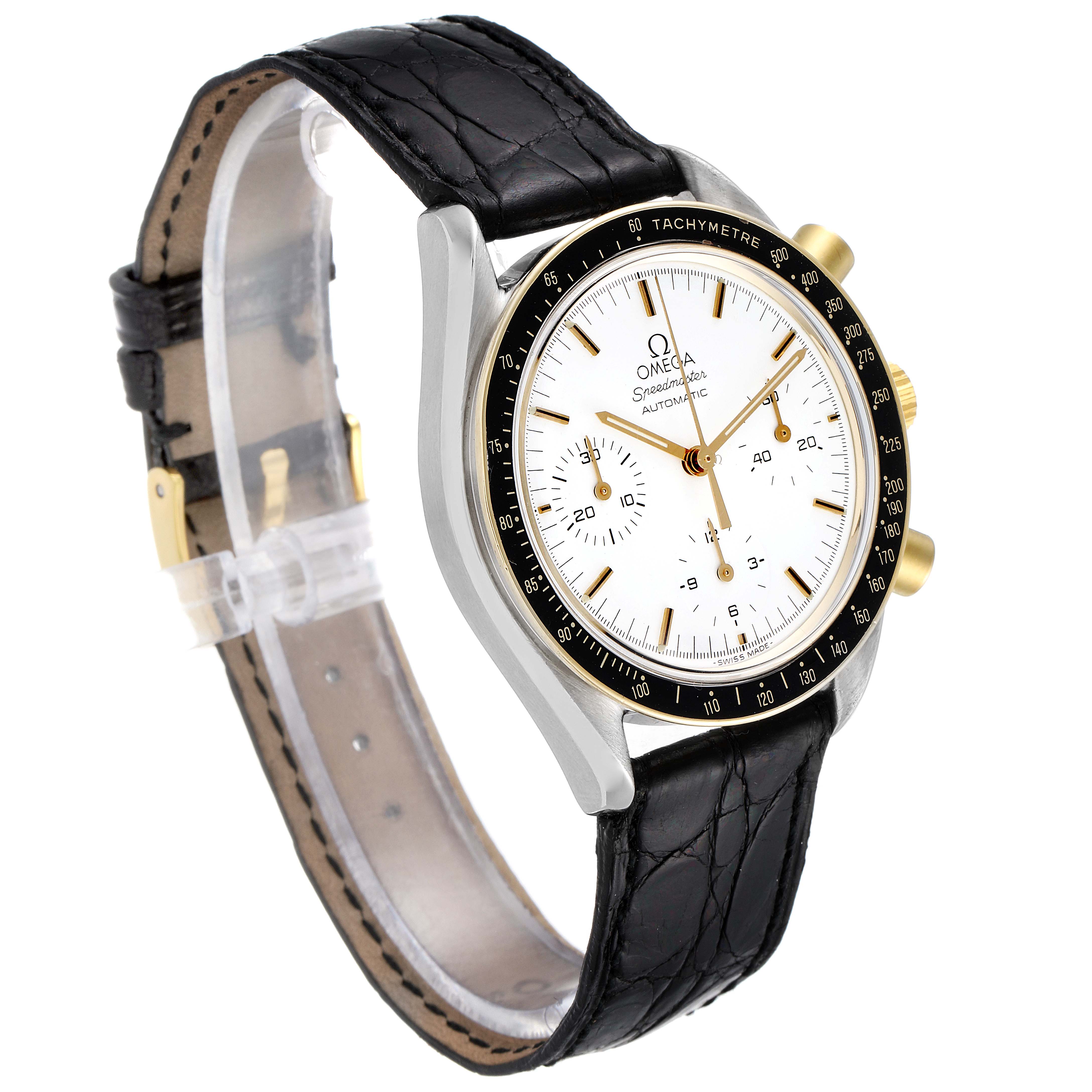 The Omega Speedmaster 3310.20.00 Men's Steel and Gold (two tone) White Dial 3310.20.00 Men's Steel and Gold (two tone) White Dial watch is shown at a slight angle, highlighting its face, bezel, and leather strap.