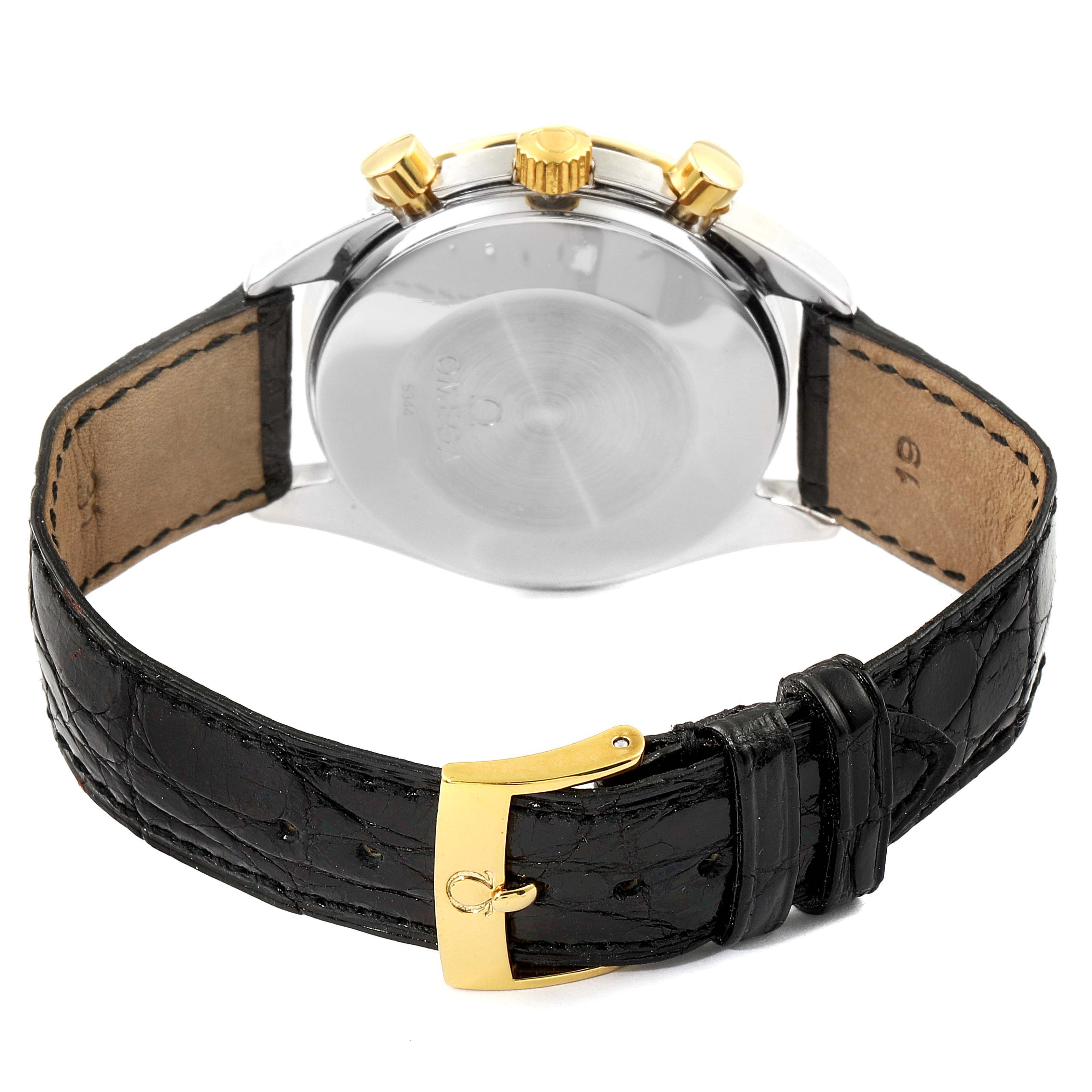 This image shows the back view of an Omega Speedmaster 3310.20.00 Men's Steel and Gold (two tone) White Dial 3310.20.00 Men's Steel and Gold (two tone) White Dial watch, highlighting the leather strap and clasp.