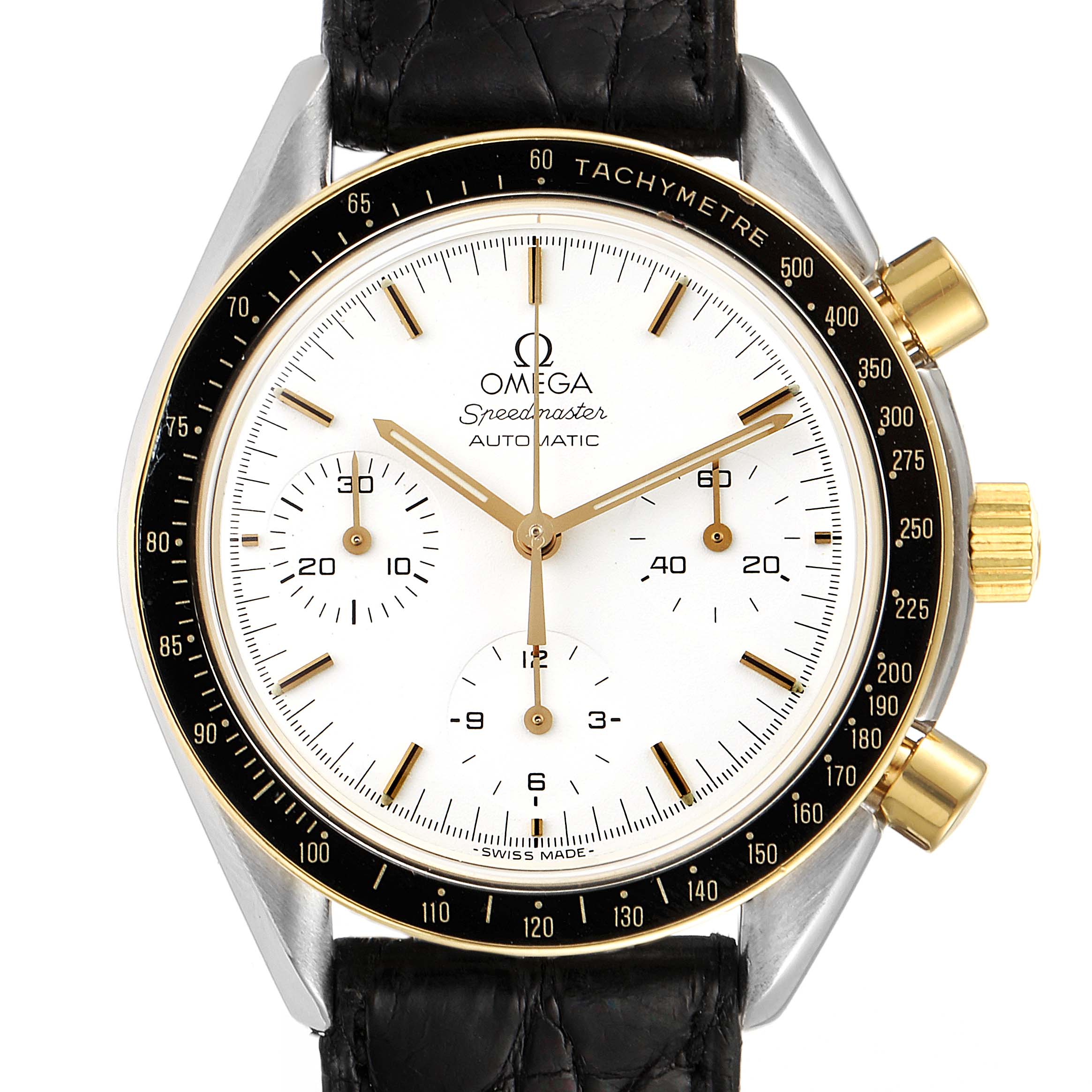 This image shows a front view of the Omega Speedmaster 3310.20.00 Men's Steel and Gold (two tone) White Dial 3310.20.00 Men's Steel and Gold (two tone) White Dial watch, highlighting the face, tachymeter bezel, and leather strap.