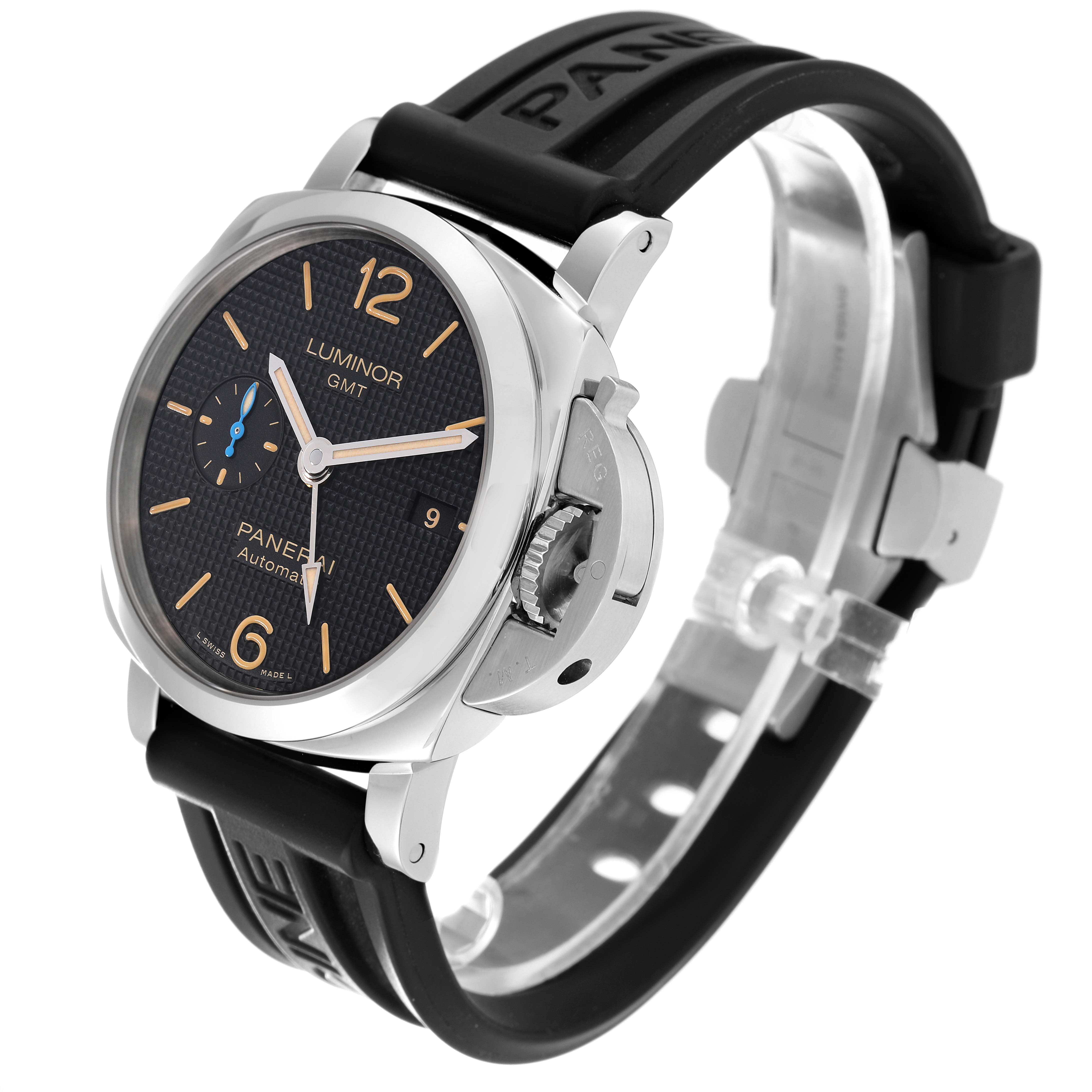 The Panerai Luminor PAM01535 Men's Stainless Steel Black Dial PAM01535 Men's Stainless Steel Black Dial GMT watch is shown at a three-quarter angle, highlighting its face, crown guard, and rubber strap.