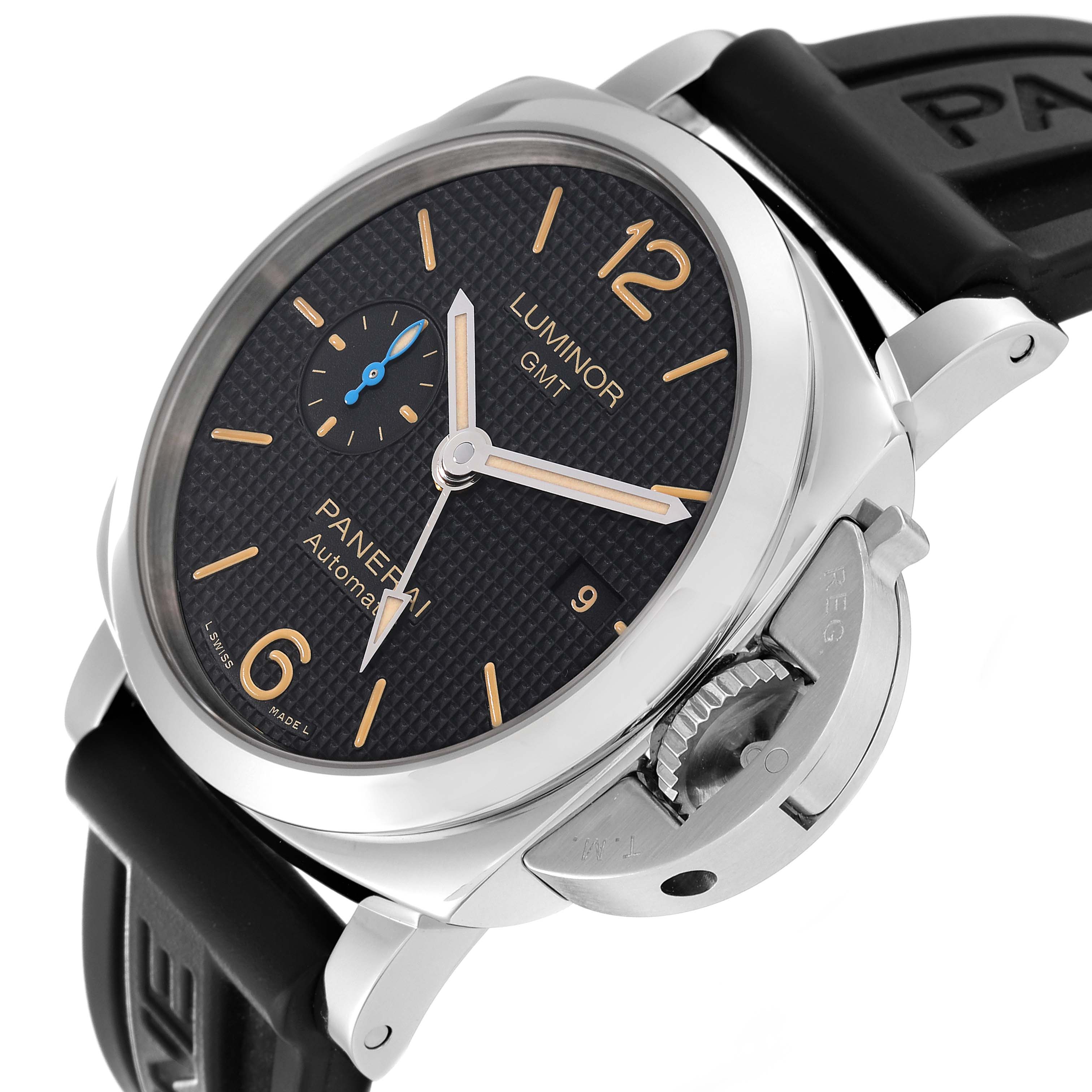 The image shows a Panerai Luminor PAM01535 Men's Stainless Steel Black Dial PAM01535 Men's Stainless Steel Black Dial GMT watch at an angle highlighting the dial, crown protector, and a part of the strap.