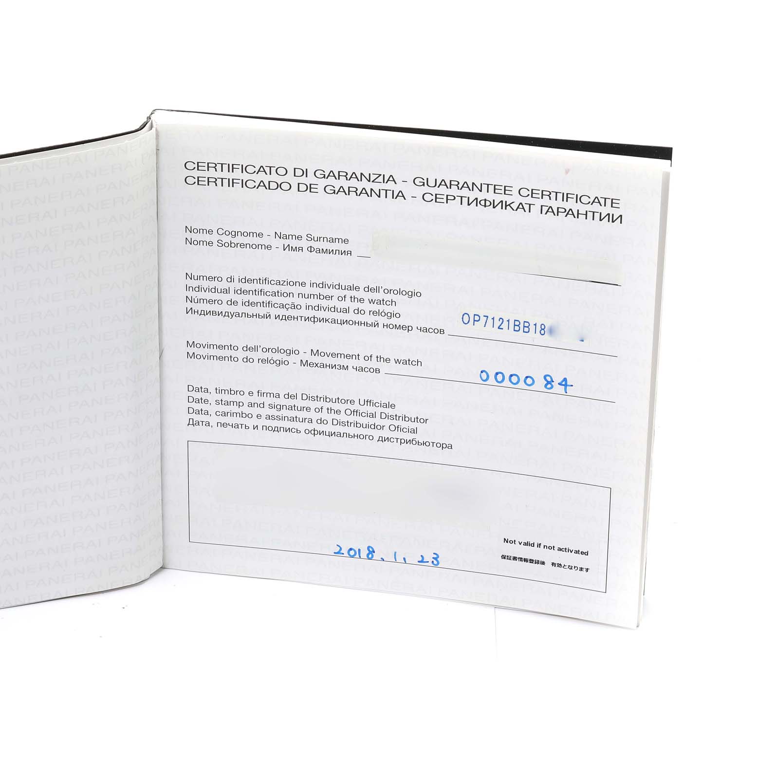 The image shows the guarantee certificate of a Panerai Luminor PAM01535 Men's Stainless Steel Black Dial PAM01535 Men's Stainless Steel Black Dial watch opened to reveal its details.