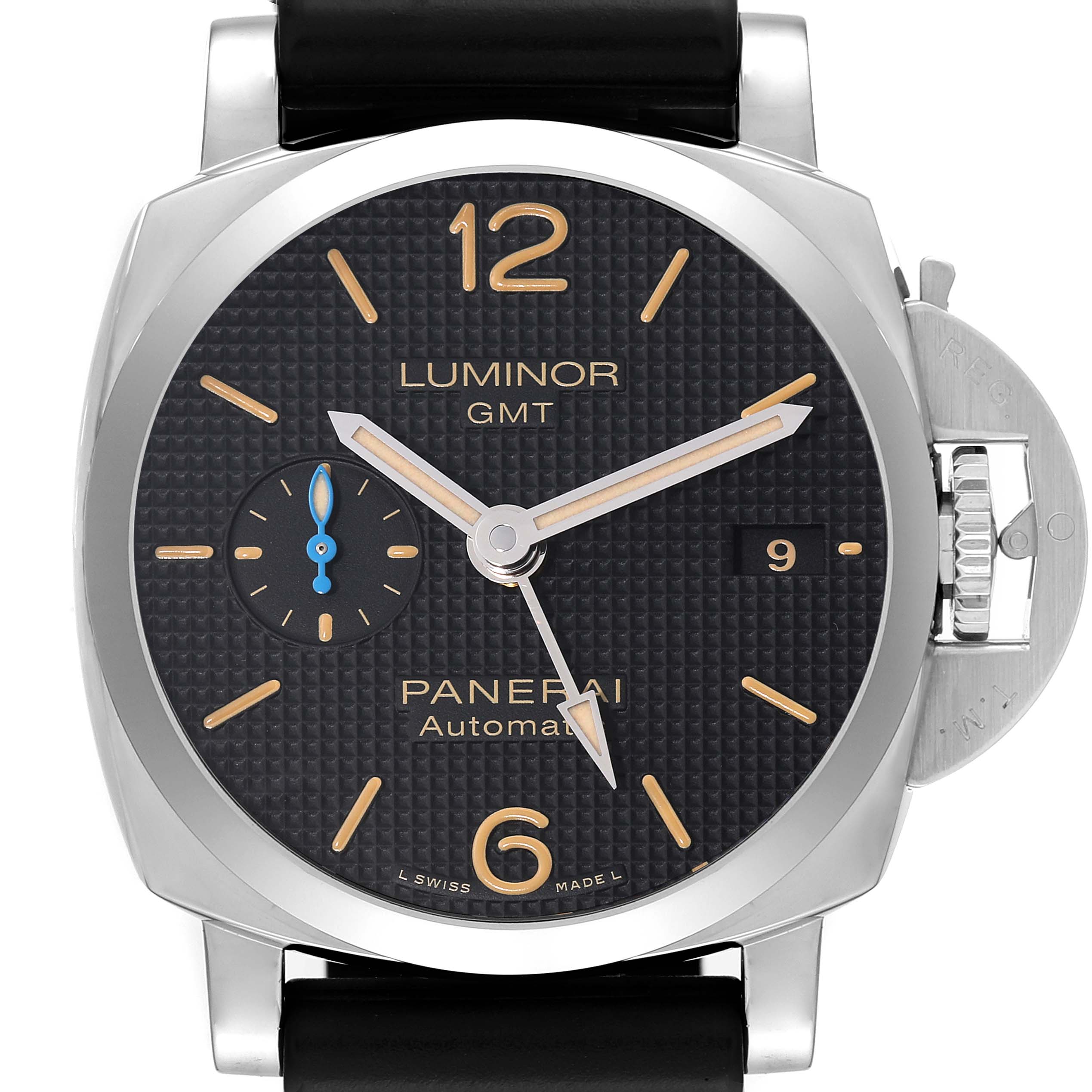 This image shows a front view of the Panerai Luminor PAM01535 Men's Stainless Steel Black Dial PAM01535 Men's Stainless Steel Black Dial GMT watch, displaying the dial, bezel, crown, and strap.