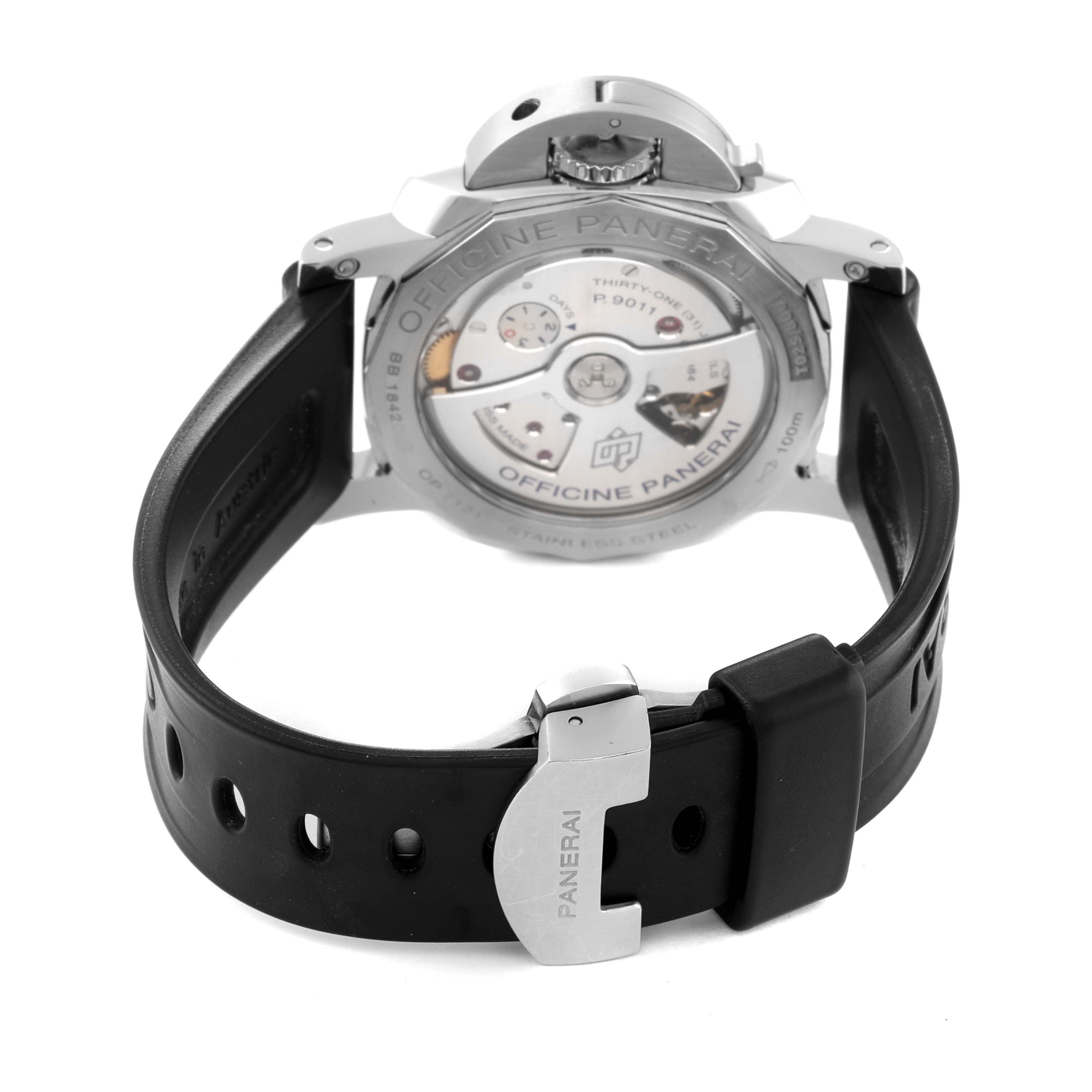 The image shows the back view of a Panerai Luminor PAM01535 Men's Stainless Steel Black Dial PAM01535 Men's Stainless Steel Black Dial watch, highlighting its case back and rubber strap with a clasp.