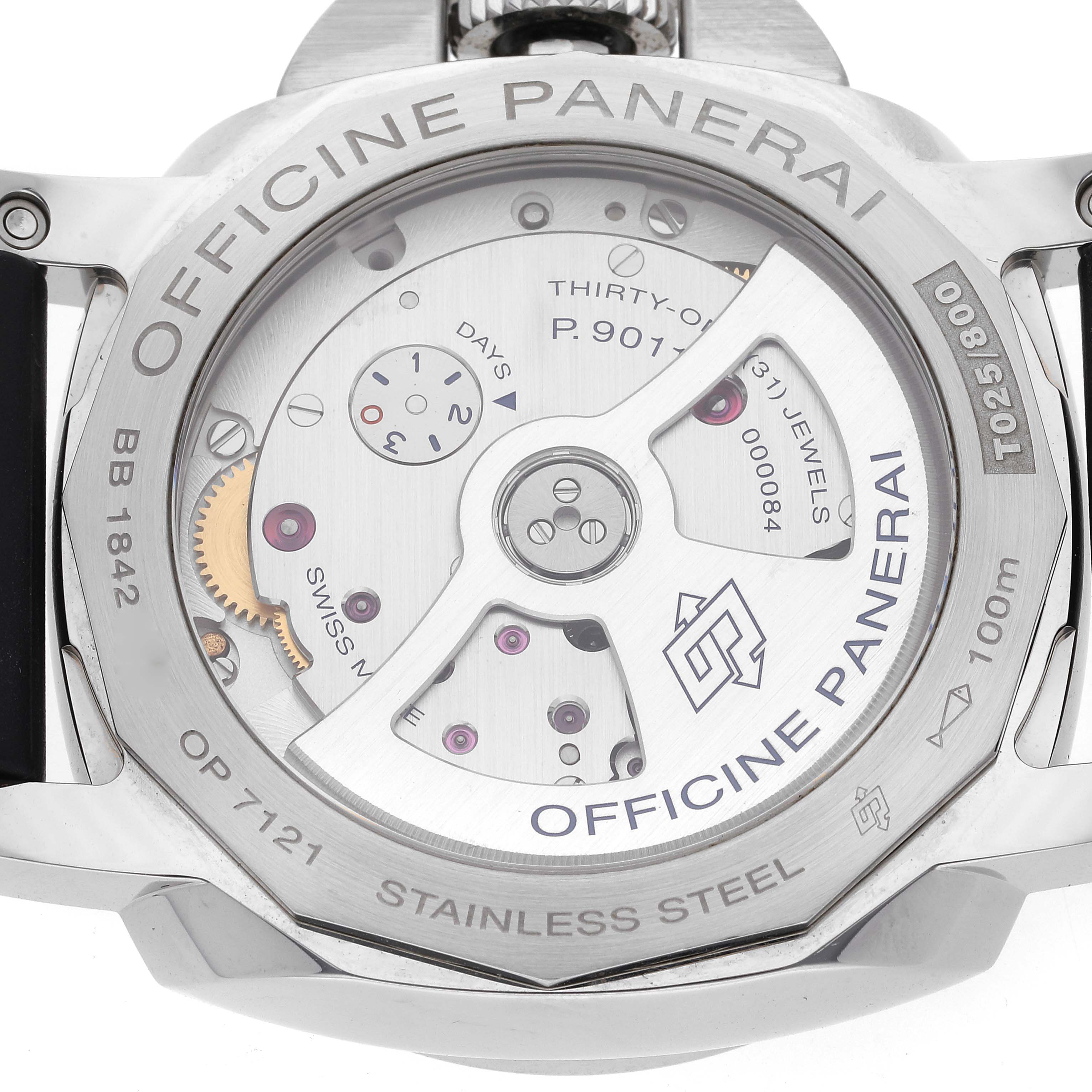 The image shows the back view of a Panerai Luminor PAM01535 Men's Stainless Steel Black Dial PAM01535 Men's Stainless Steel Black Dial watch, displaying the inner mechanical parts and details.