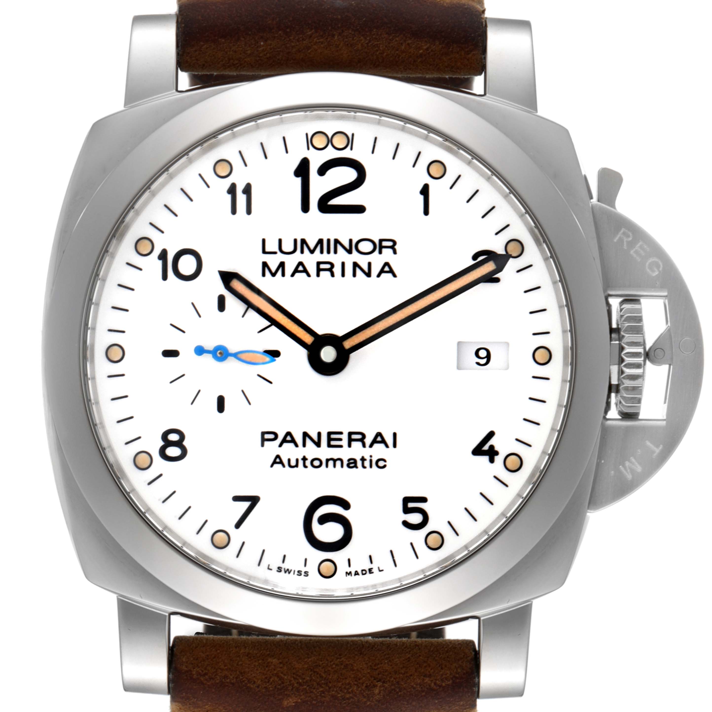 This image shows a front view of the Panerai Luminor PAM01499 Men
s Stainless Steel White Dial PAM01499 Men
s Stainless Steel White Dial Marina watch, highlighting its dial, bezel, and crown guard.