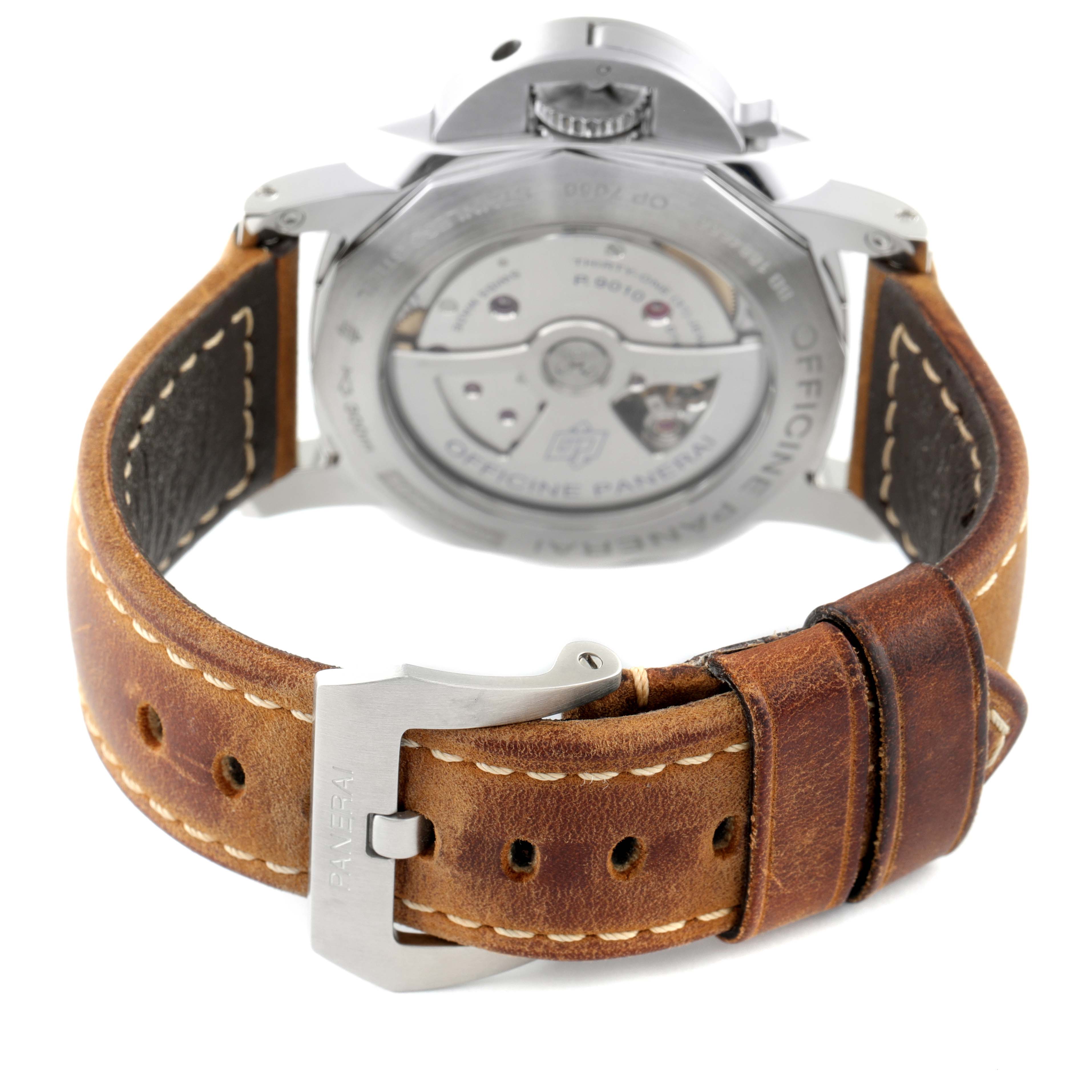 The image shows the back view of a Panerai Luminor PAM01499 Men
s Stainless Steel White Dial PAM01499 Men
s Stainless Steel White Dial watch, highlighting its case back, leather strap, and buckle.