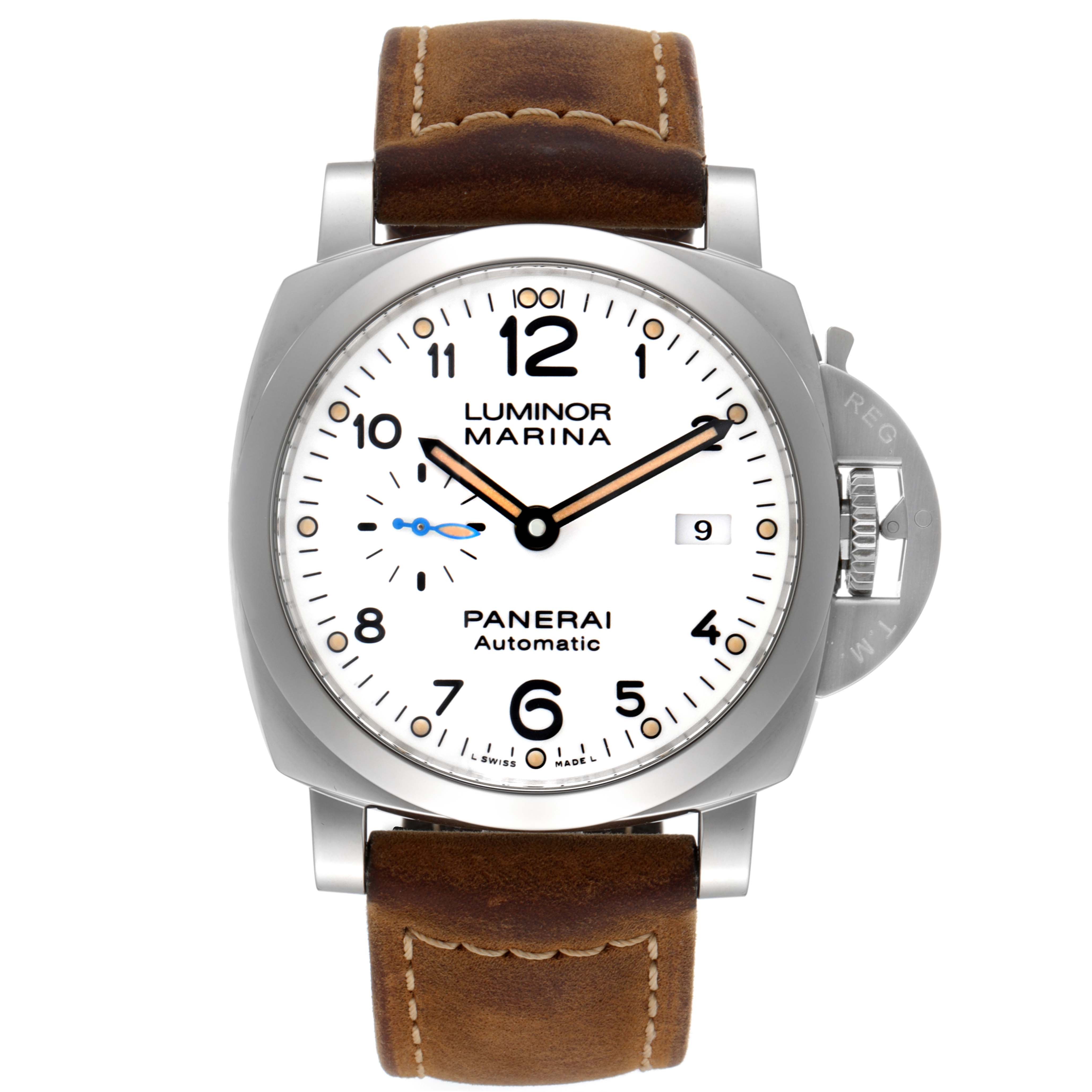 The image shows a front view of the Panerai Luminor PAM01499 Men
s Stainless Steel White Dial PAM01499 Men
s Stainless Steel White Dial Marina watch with a white dial and brown leather strap.
