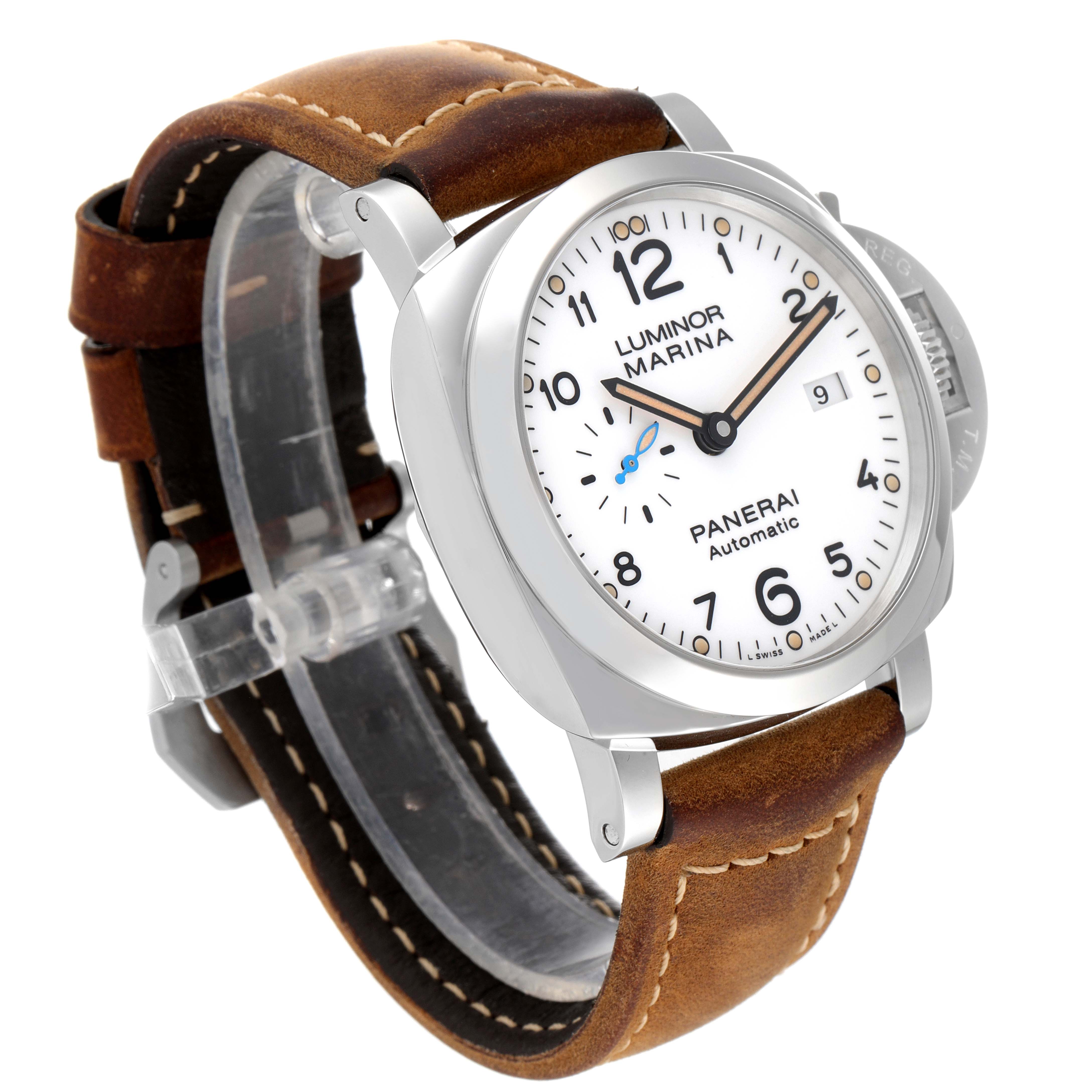 This image shows a Panerai Luminor PAM01499 Men
s Stainless Steel White Dial PAM01499 Men
s Stainless Steel White Dial watch angled with a detailed view of the face, bezel, crown, and brown leather strap.