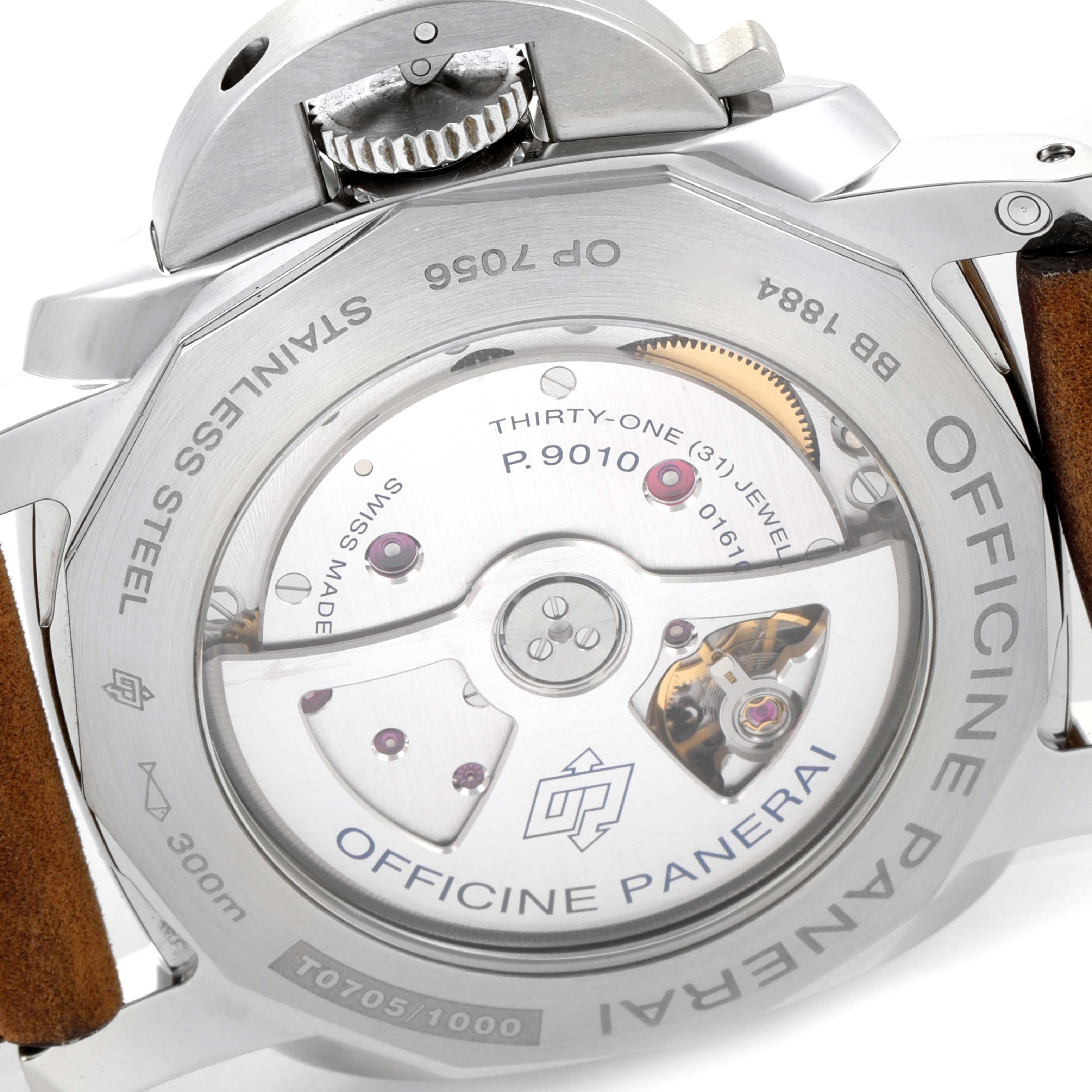 The image shows the back of a Panerai Luminor PAM01499 Men
s Stainless Steel White Dial PAM01499 Men
s Stainless Steel White Dial watch, highlighting the movement mechanism and engraving details.