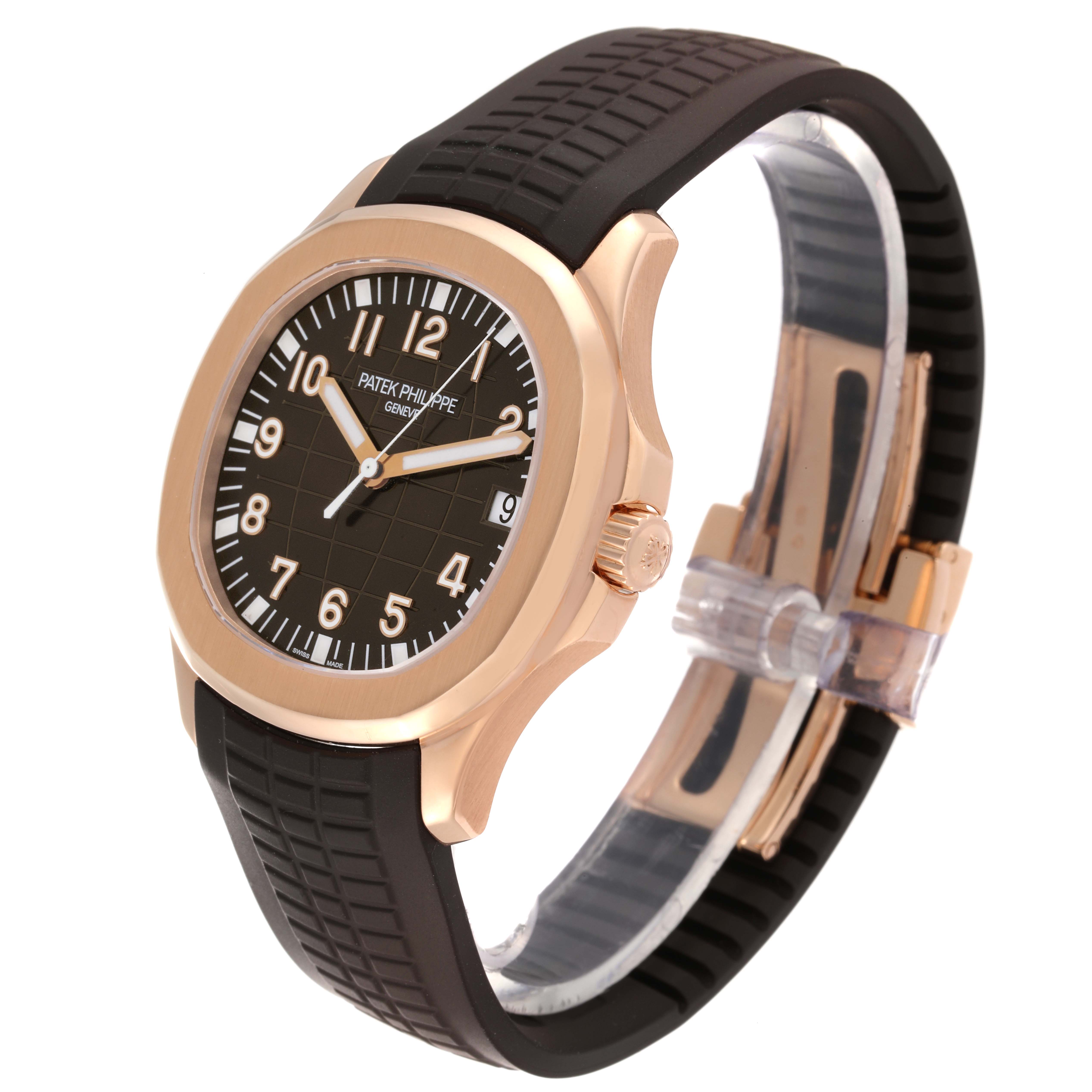 The Patek Philippe Aquanaut 5167R-001 Men's Rose Gold Brown Dial 5167R-001 Men's Rose Gold Brown Dial watch is angled to show its front and right side, featuring a black strap and rose gold casing.