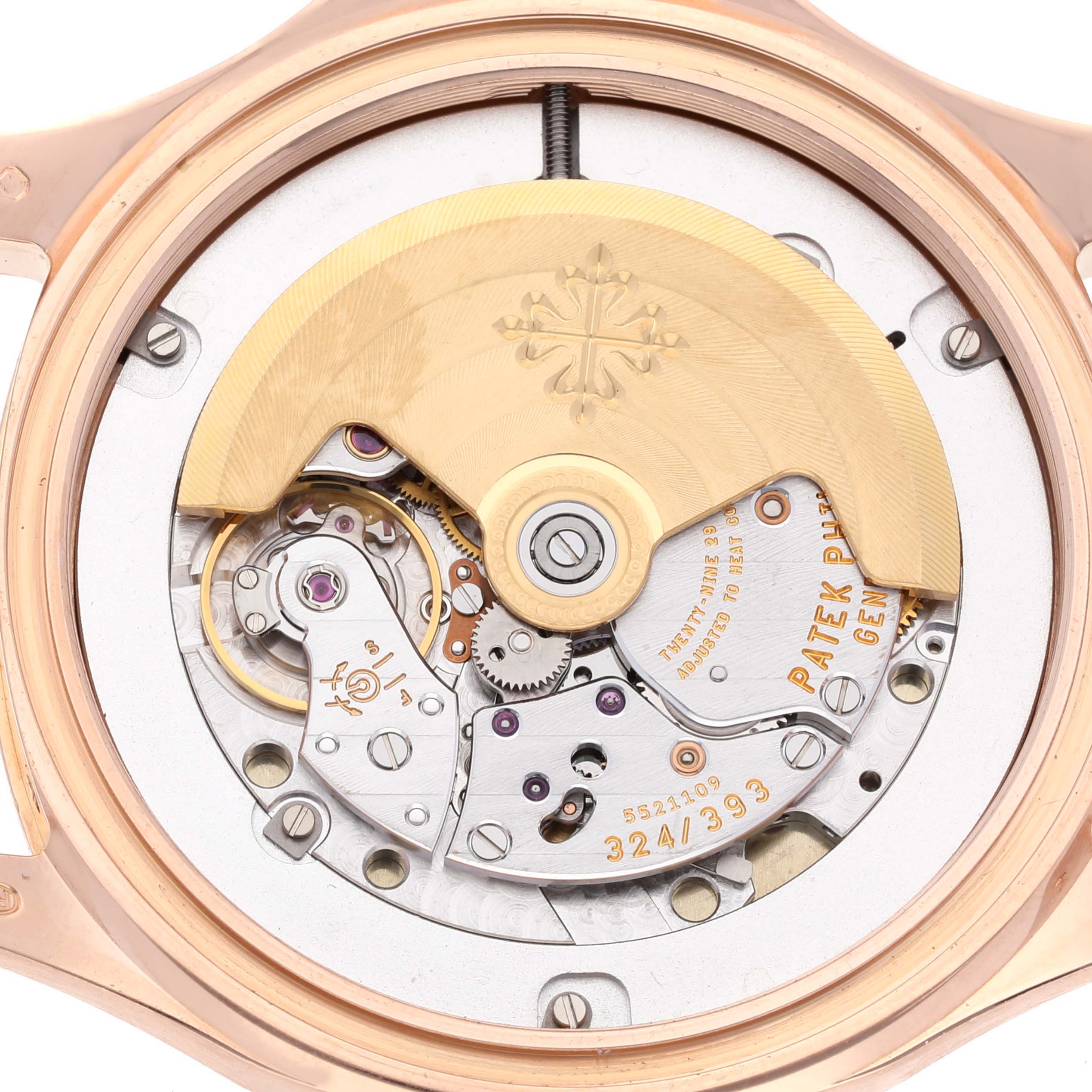 This image shows a close-up of the movement and components of a Patek Philippe Aquanaut 5167R-001 Men's Rose Gold Brown Dial 5167R-001 Men's Rose Gold Brown Dial watch from the back.