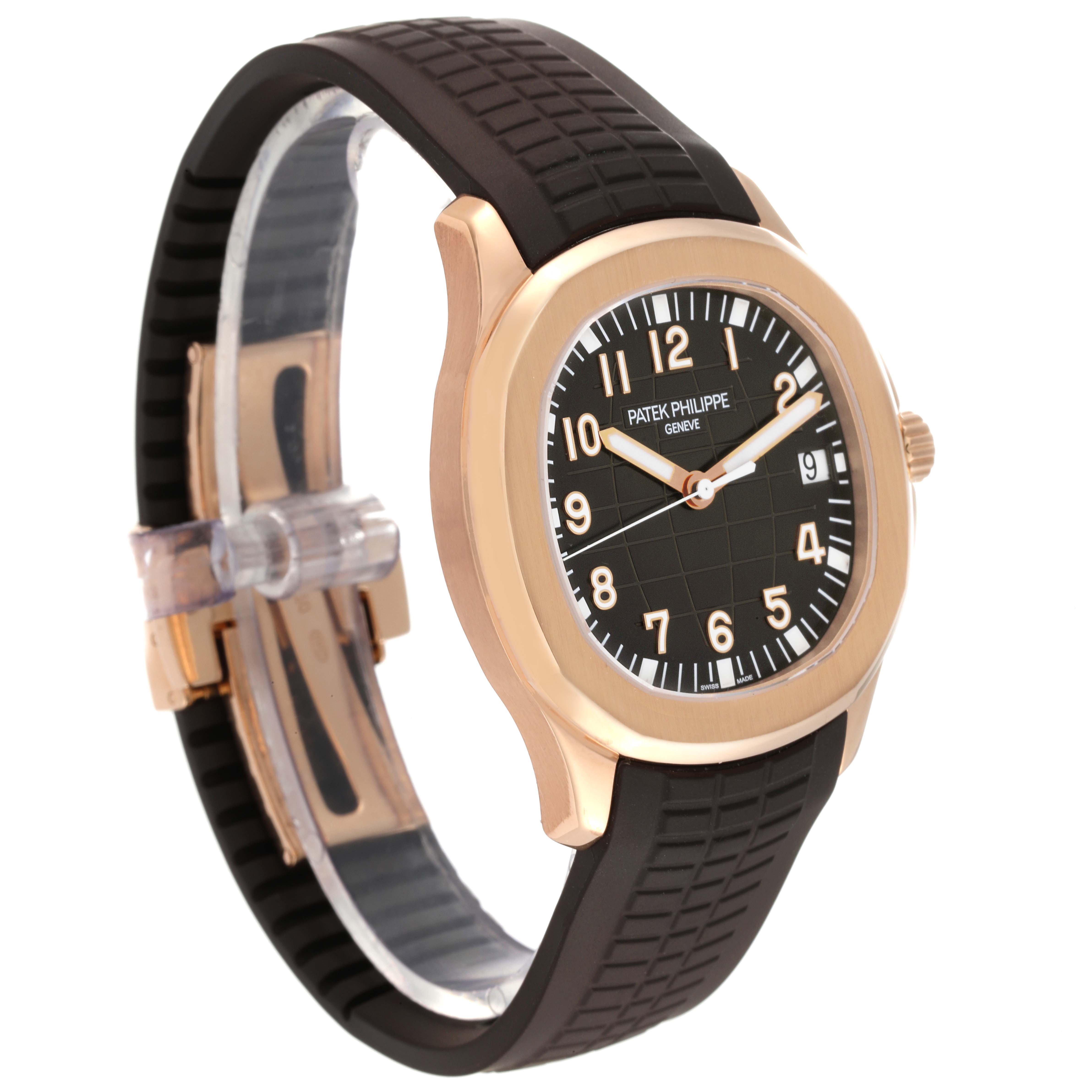 The Patek Philippe Aquanaut 5167R-001 Men's Rose Gold Brown Dial 5167R-001 Men's Rose Gold Brown Dial watch is shown at a three-quarter angle displaying the bezel, dial, strap, and clasp.