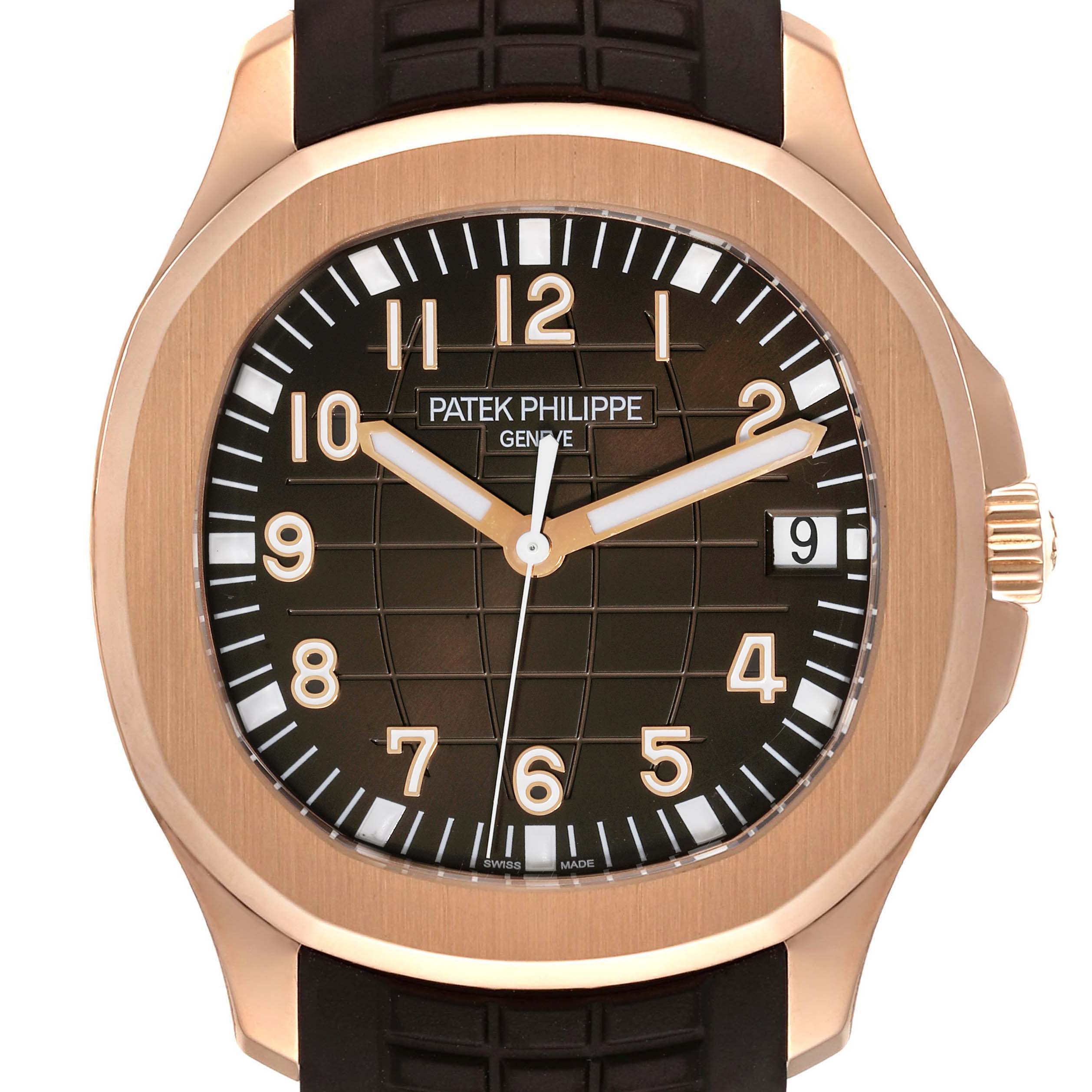 This image shows a close-up front view of the dial and bezel of a Patek Philippe Aquanaut 5167R-001 Men's Rose Gold Brown Dial 5167R-001 Men's Rose Gold Brown Dial watch.