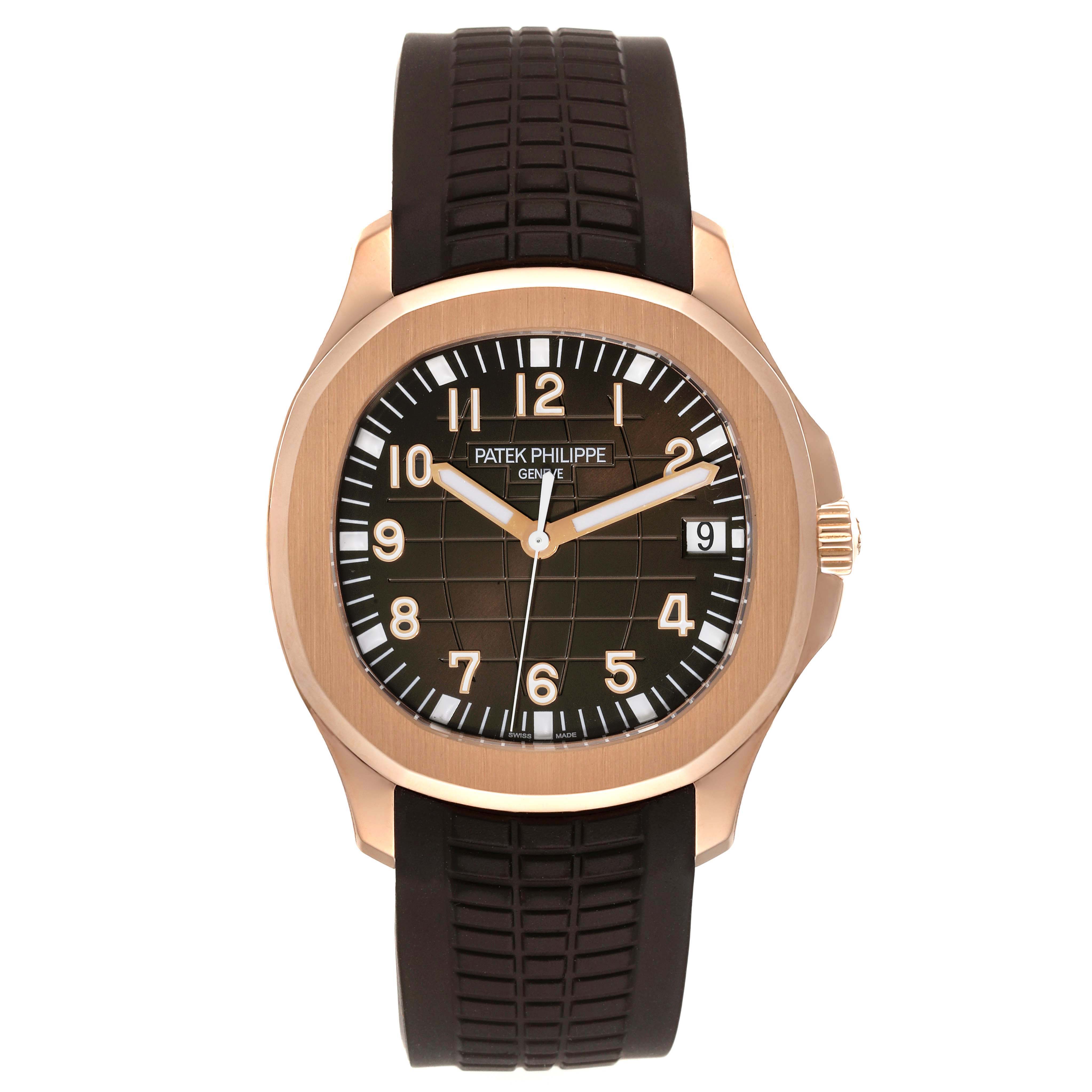 The image shows a Patek Philippe Aquanaut 5167R-001 Men's Rose Gold Brown Dial 5167R-001 Men's Rose Gold Brown Dial watch from the front, highlighting its face, case, and rubber strap.