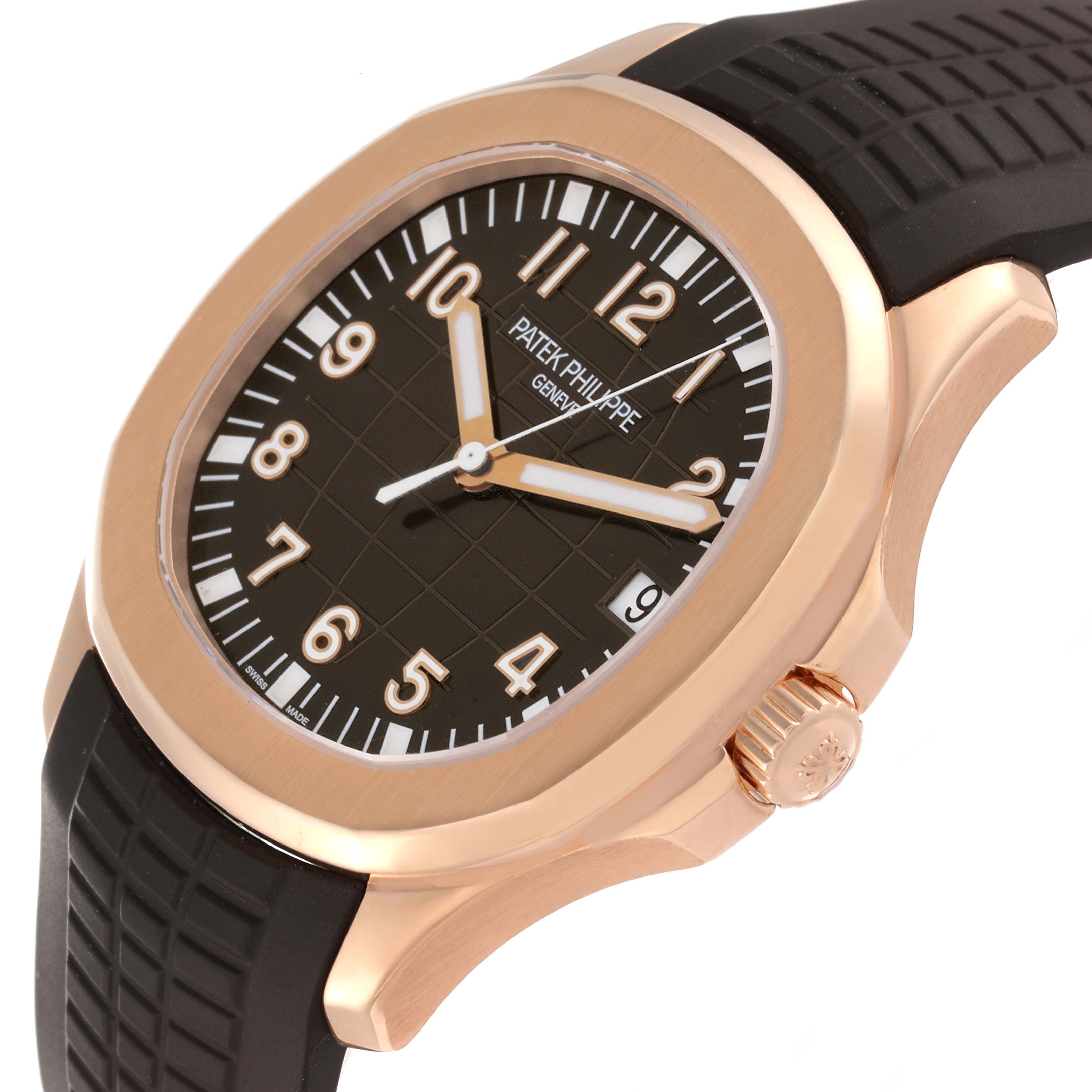 The image shows a close-up angle of the Patek Philippe Aquanaut 5167R-001 Men's Rose Gold Brown Dial 5167R-001 Men's Rose Gold Brown Dial watch, highlighting the dial, bezel, crown, and part of the strap.