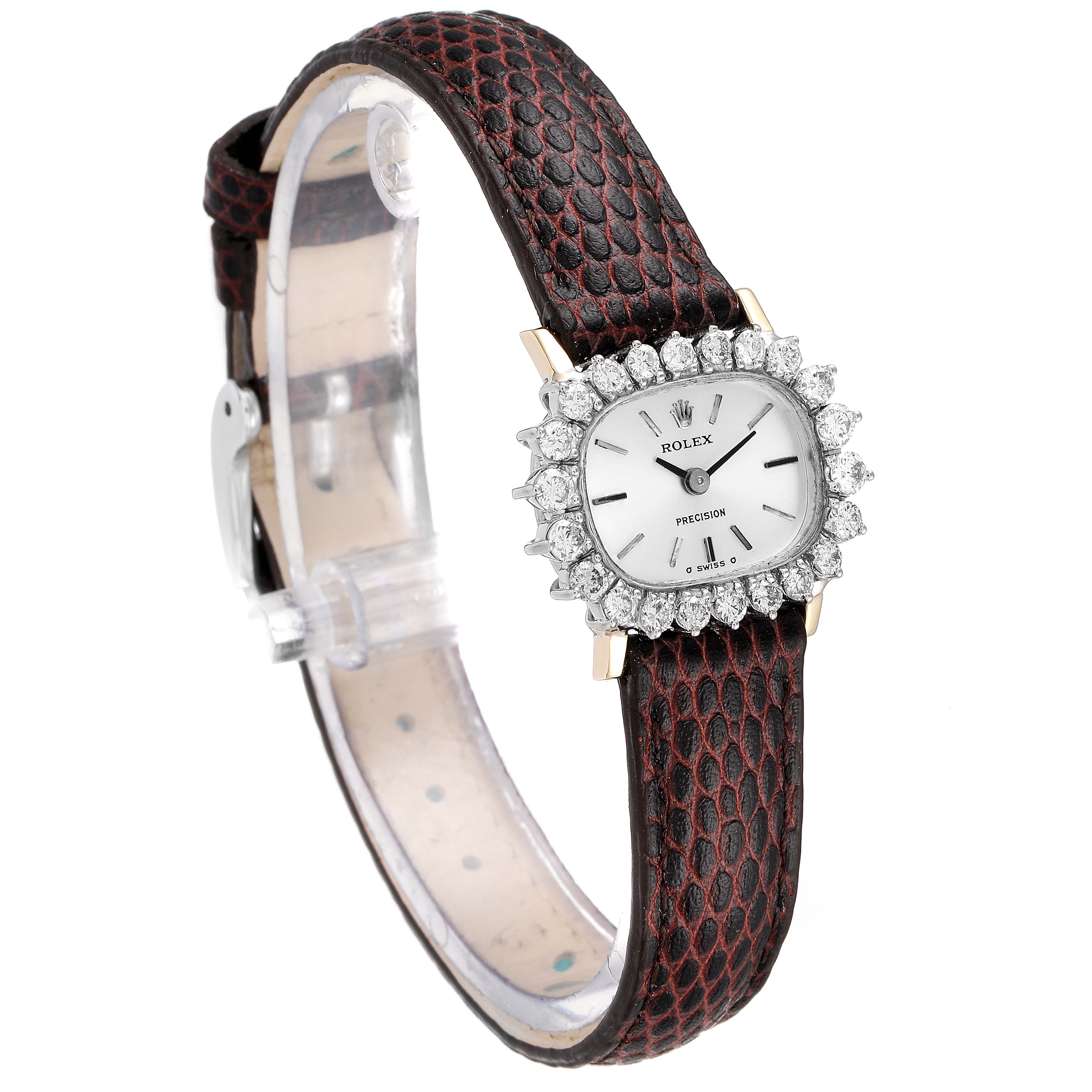 This image shows a side view of the Rolex Cocktail  Women's White Gold Silver Dial  Women's White Gold Silver Dial model watch, featuring its leather strap and diamond-encrusted face.