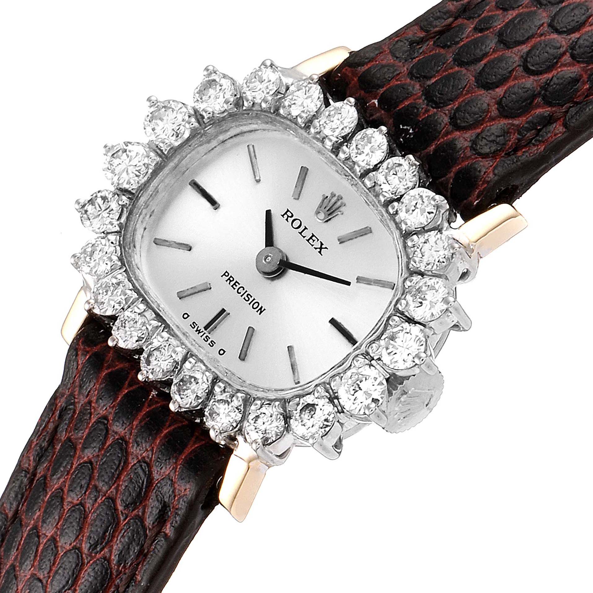 The image shows a close-up of the Rolex Cocktail  Women's White Gold Silver Dial  Women's White Gold Silver Dial model watch, highlighting its diamond bezel, dial, and part of its leather strap.