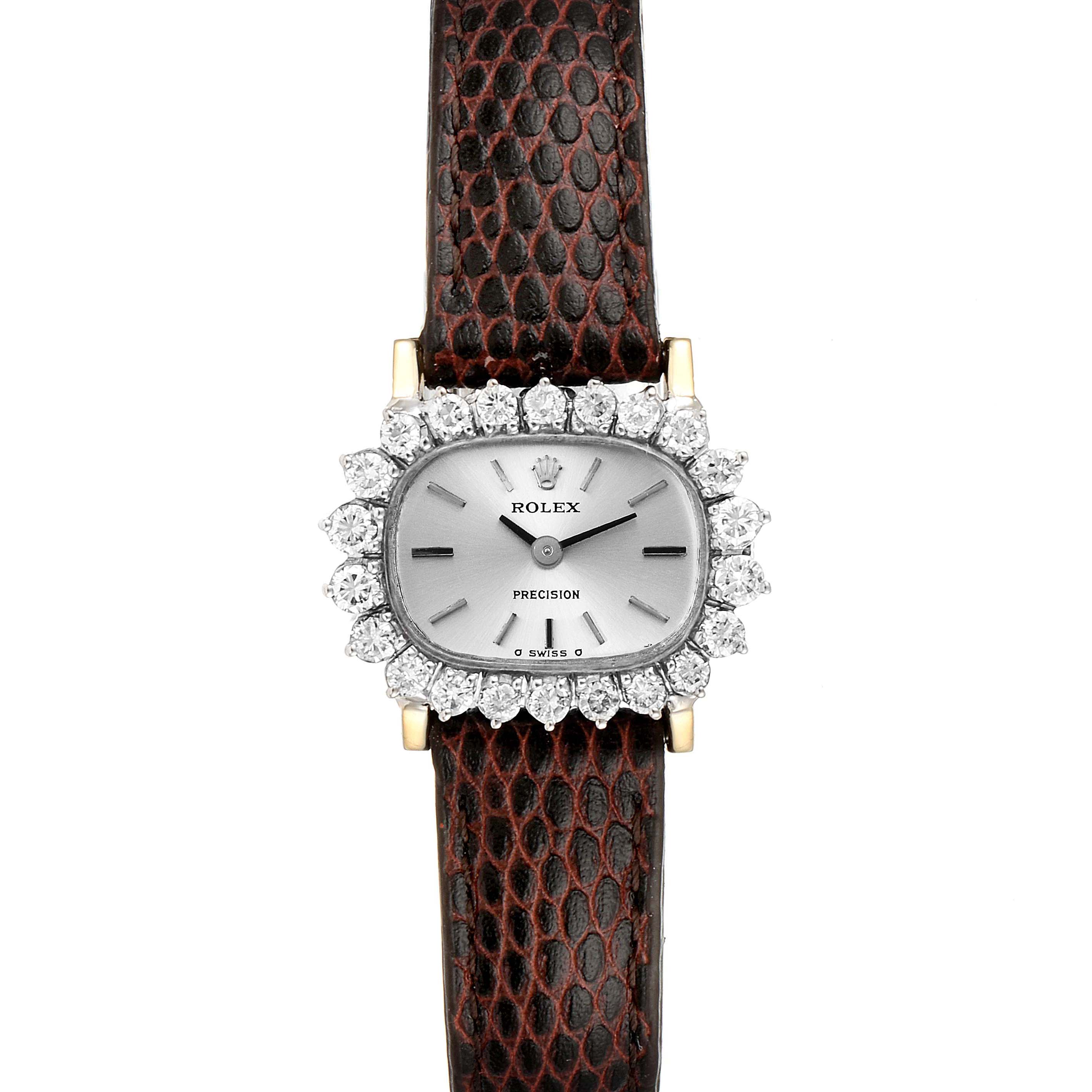 The image shows a front view of the Rolex Cocktail  Women's White Gold Silver Dial  Women's White Gold Silver Dial model watch, highlighting its face, bezel, and strap.