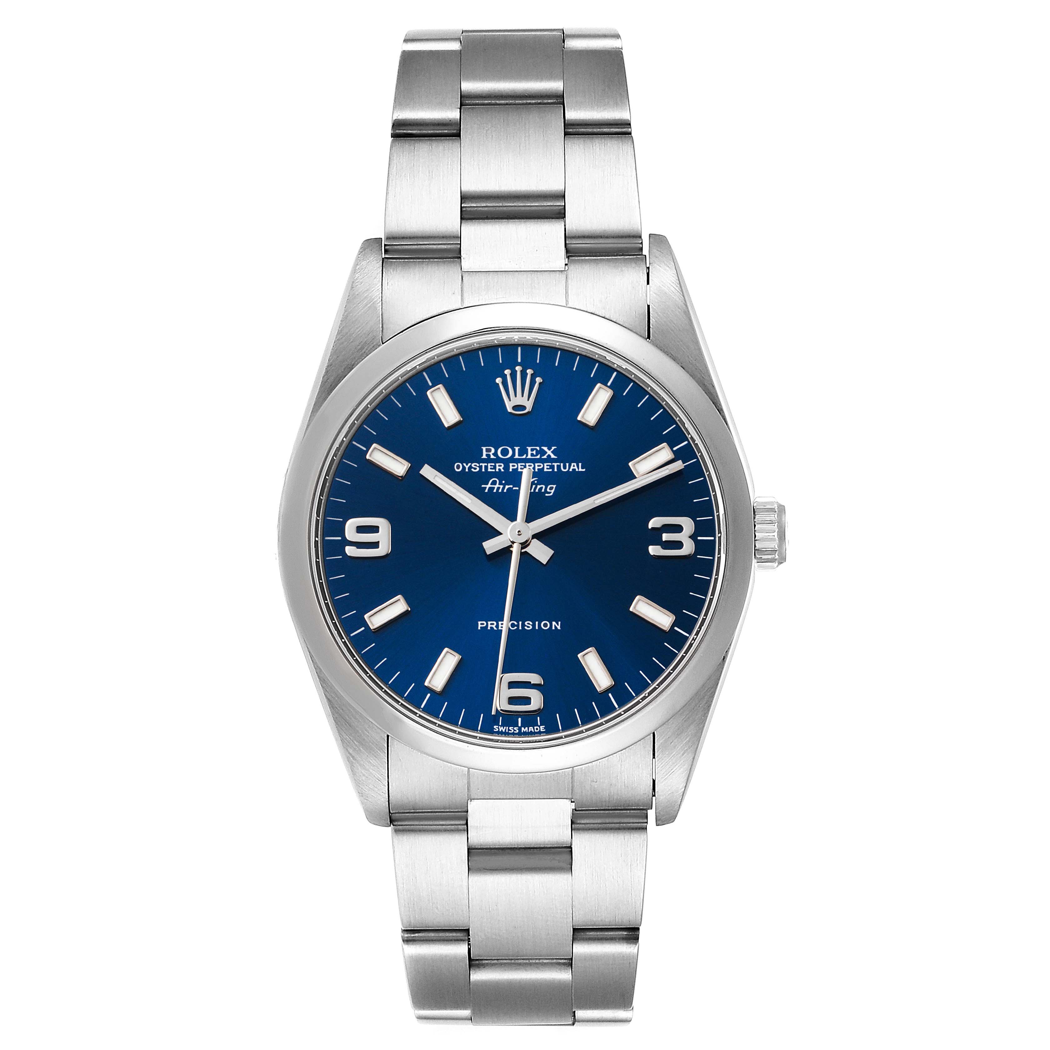 The image shows a front view of a Rolex Air-King 14000 Men's Stainless Steel Blue Dial 14000 Men's Stainless Steel Blue Dial watch, including the dial, case, and bracelet.