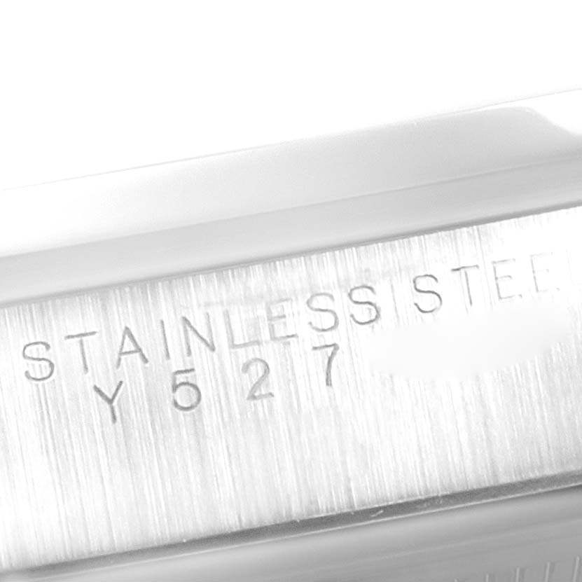 This image shows a close-up angle of the stainless steel inscription and serial number on the Rolex Air-King 14000 Men's Stainless Steel Blue Dial 14000 Men's Stainless Steel Blue Dial watch.