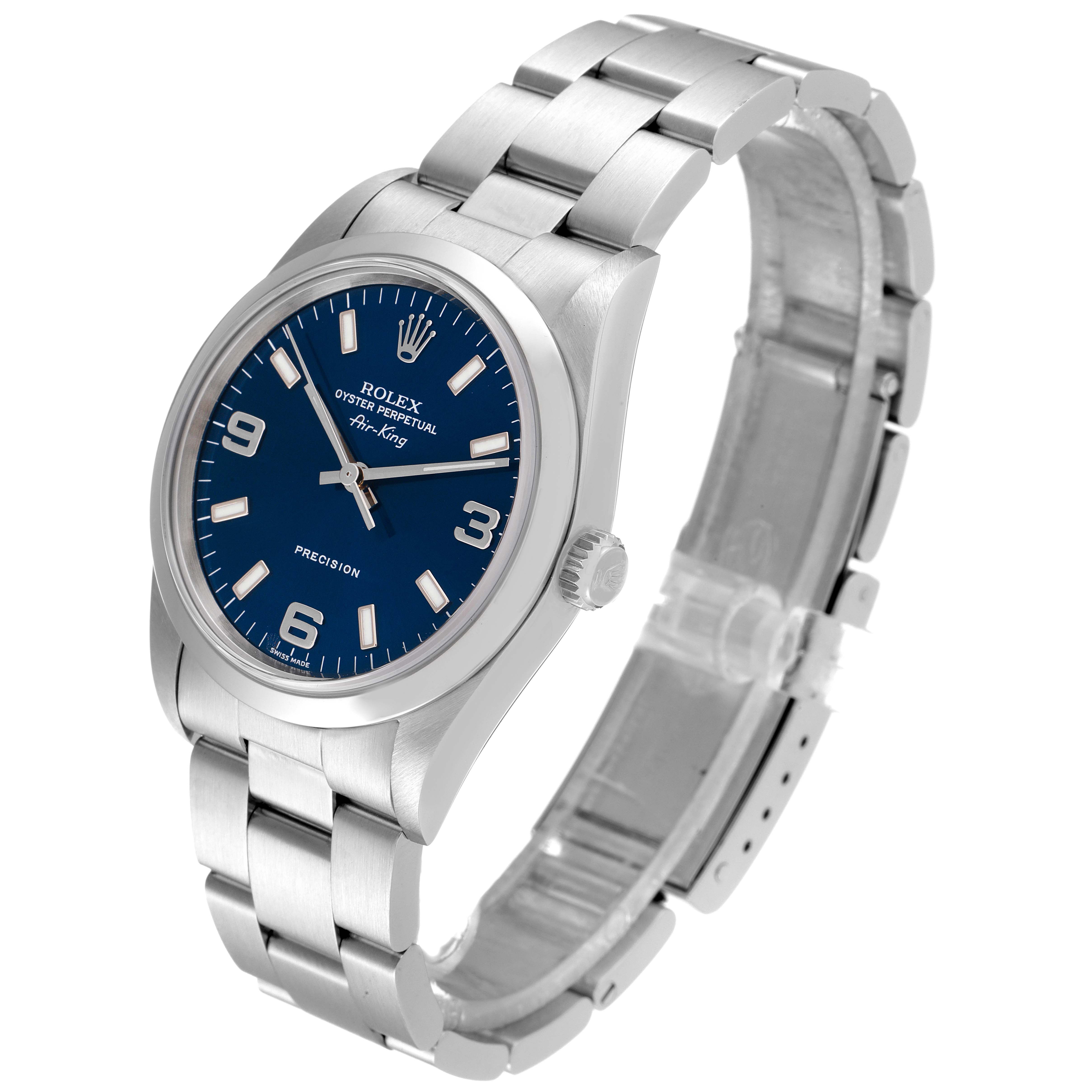 The image shows a Rolex Air-King 14000 Men's Stainless Steel Blue Dial 14000 Men's Stainless Steel Blue Dial watch at an angled view, displaying the blue dial, stainless steel case, and bracelet.