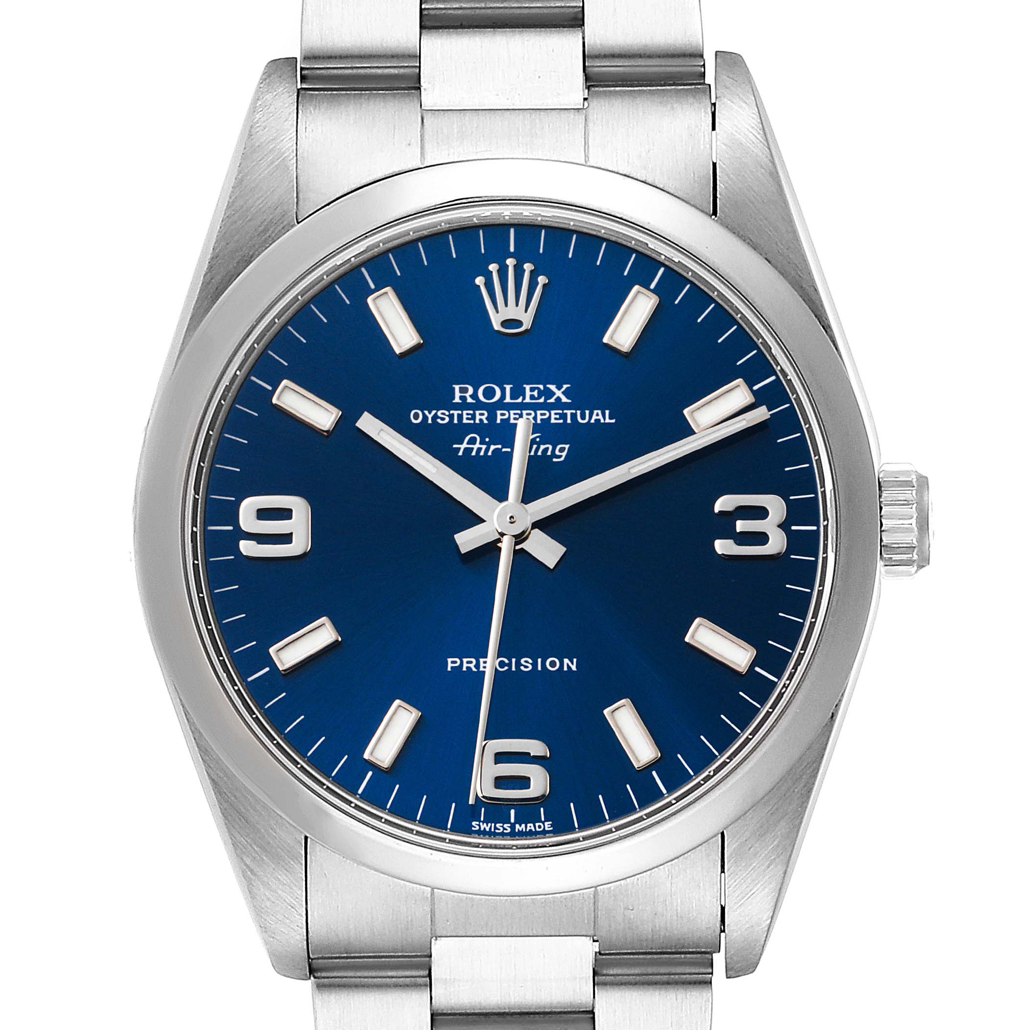 The image shows a frontal view of a Rolex Air-King 14000 Men's Stainless Steel Blue Dial 14000 Men's Stainless Steel Blue Dial watch, displaying its blue dial, hour markers, hands, and bracelet.
