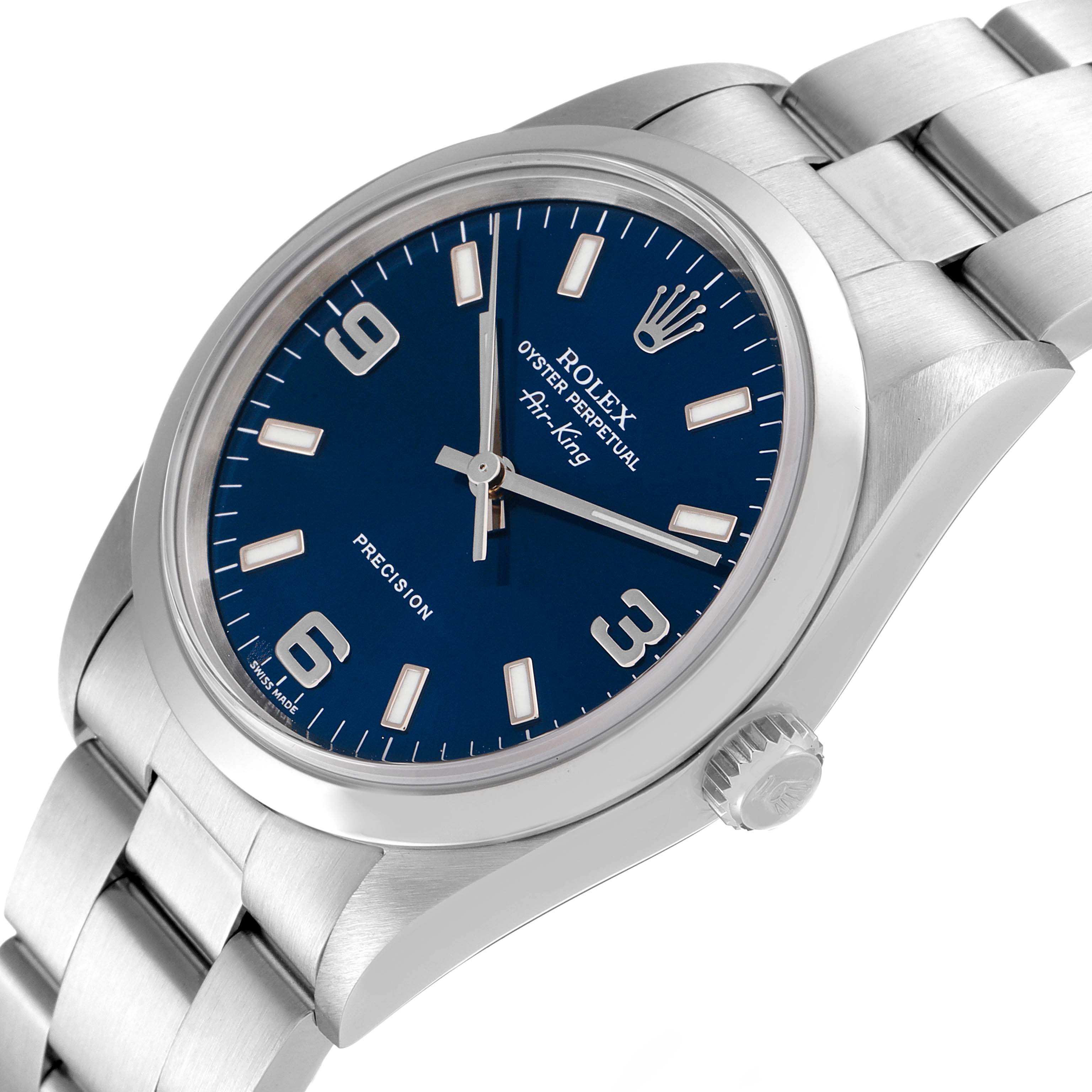 The image shows a slight angled view of a Rolex Air-King 14000 Men's Stainless Steel Blue Dial 14000 Men's Stainless Steel Blue Dial watch displaying the face, bezel, crown, and part of the bracelet.