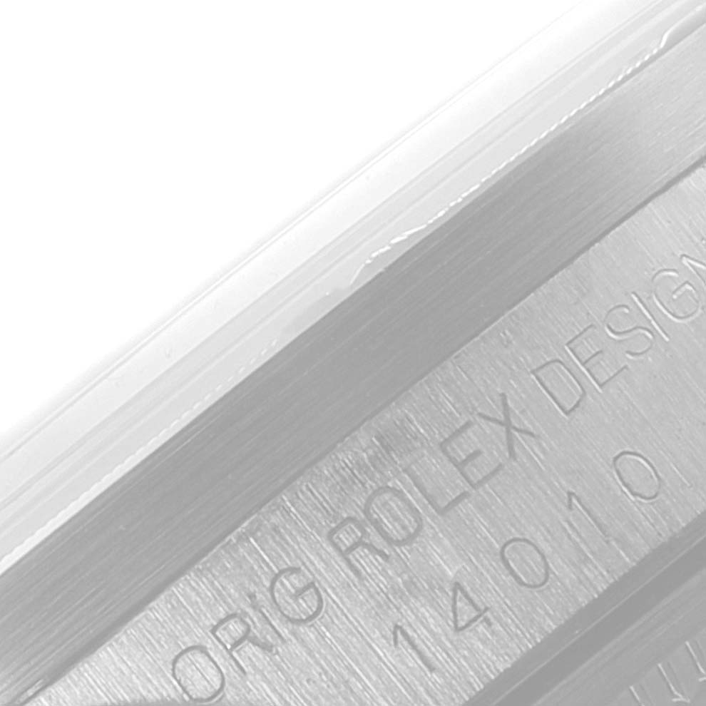 This image shows a close-up angle of the Rolex Air-King 14010 Men's Stainless Steel Silver Dial 14010 Men's Stainless Steel Silver Dial watch's case side, featuring the engraved model number and branding.