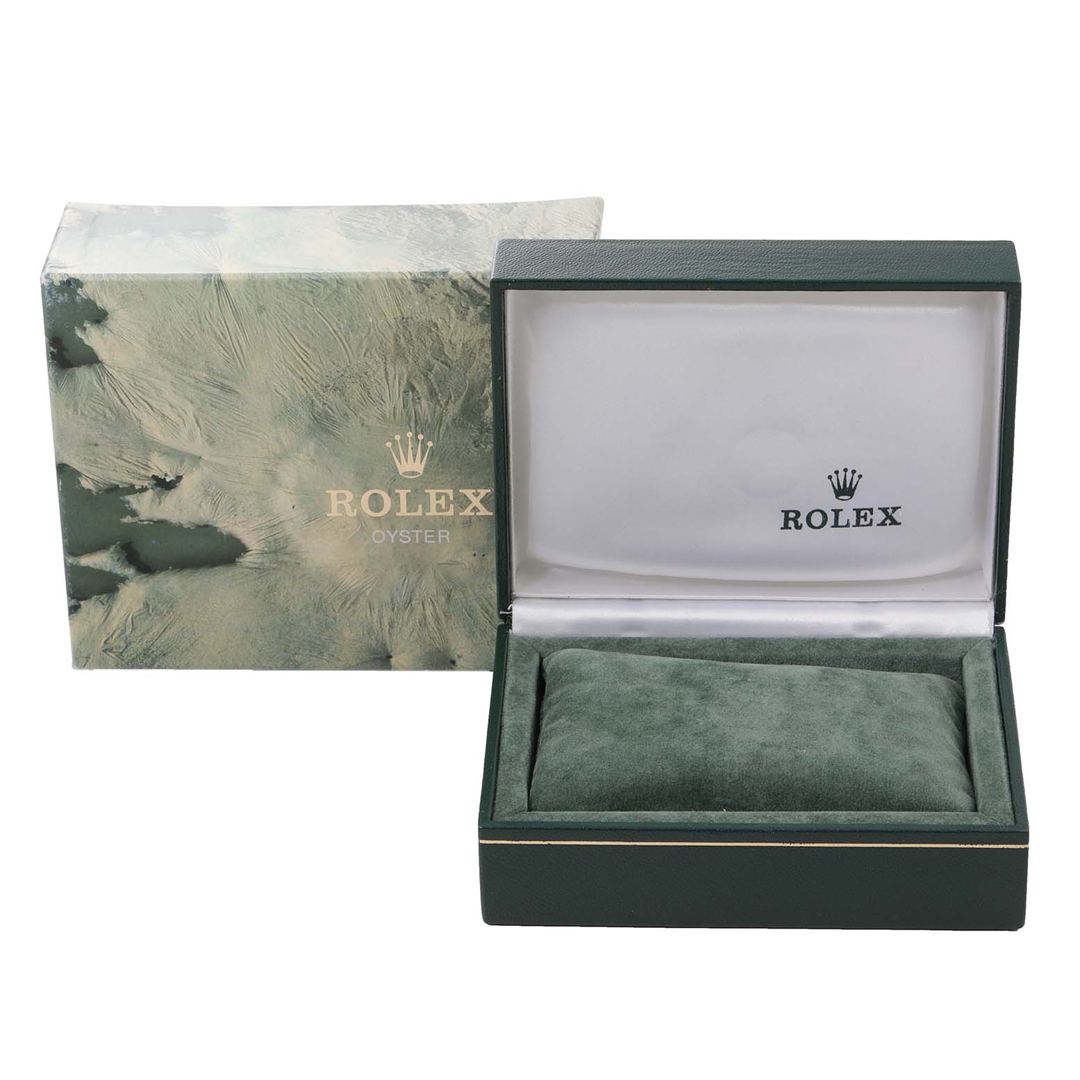 The image shows the packaging for a Rolex Air-King 14010 Men's Stainless Steel Silver Dial 14010 Men's Stainless Steel Silver Dial model watch, including the outer box and the open inner presentation box.