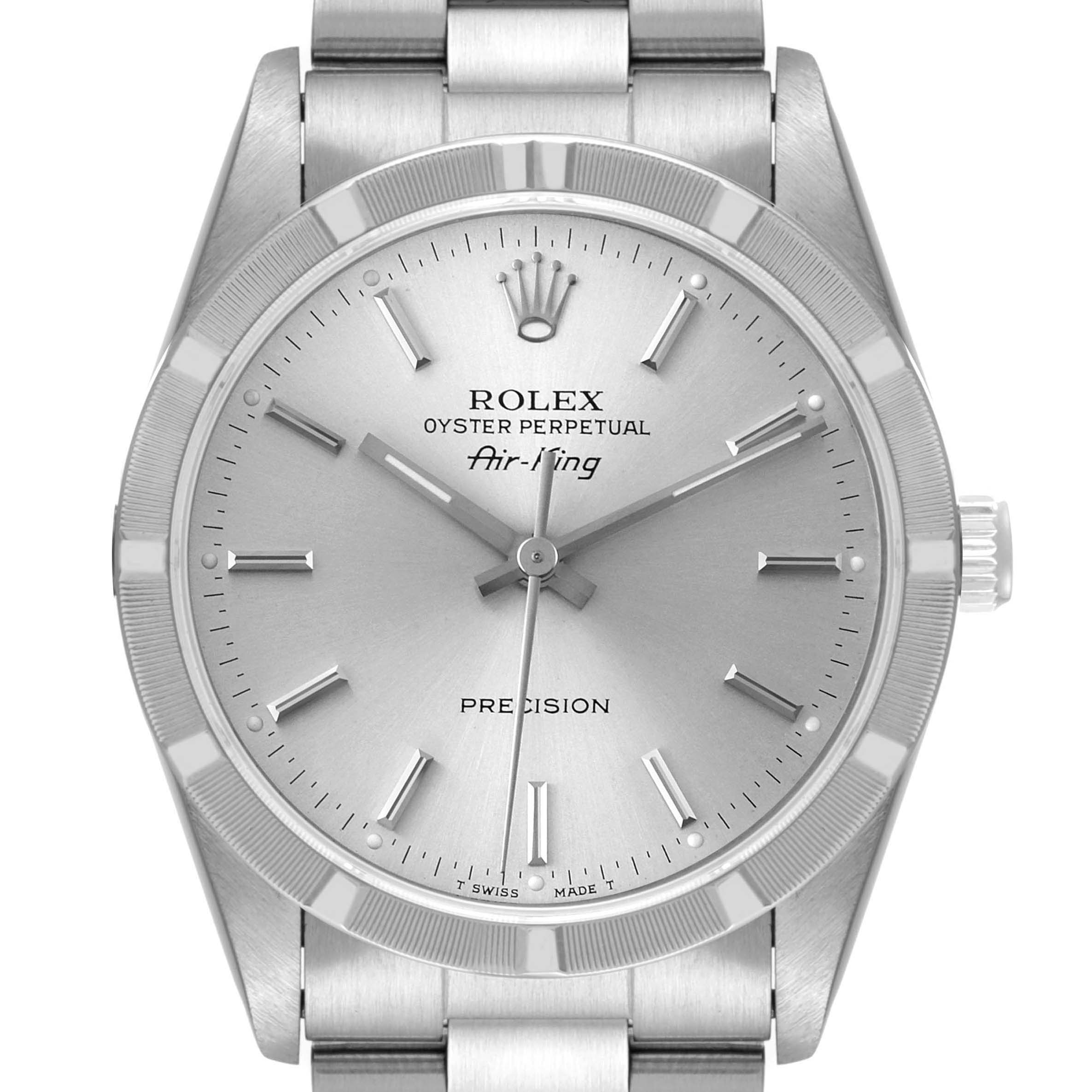 The image shows a front view of the Rolex Air-King 14010 Men's Stainless Steel Silver Dial 14010 Men's Stainless Steel Silver Dial watch, displaying the dial, hands, bezel, and part of the bracelet.