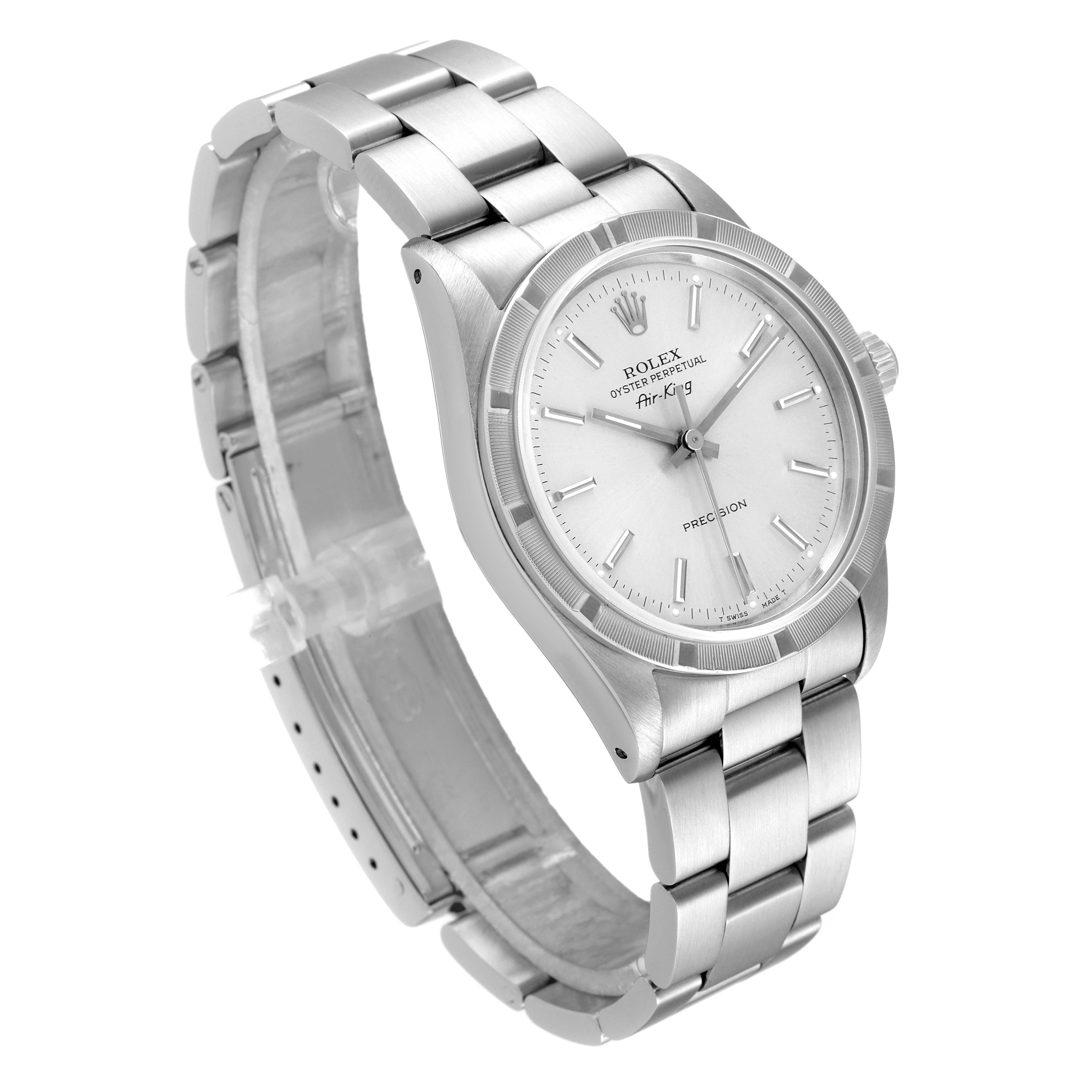 The image shows a Rolex Air-King 14010 Men's Stainless Steel Silver Dial 14010 Men's Stainless Steel Silver Dial watch from a three-quarter angle, displaying the face, bezel, and bracelet.